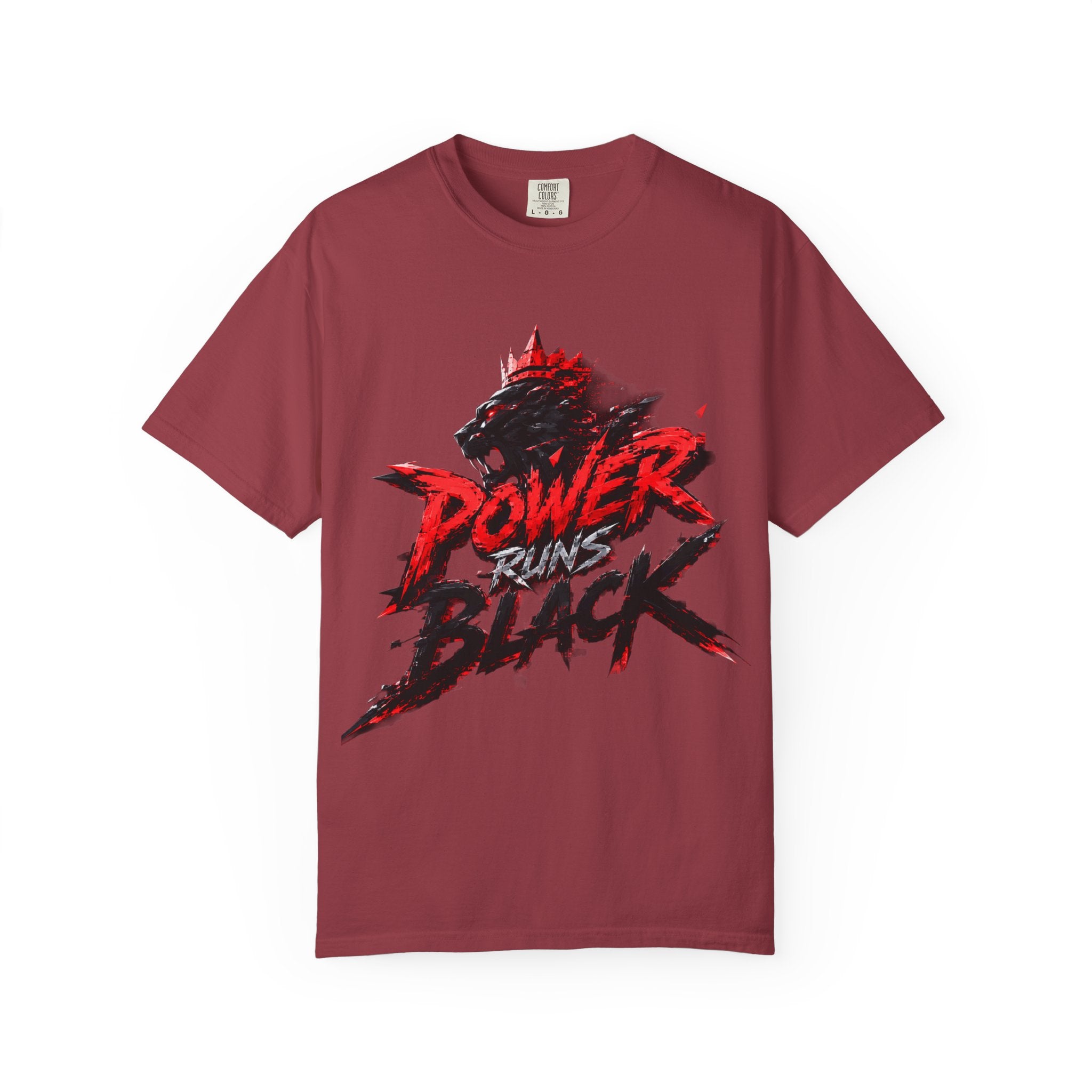 Power Runs Black T-shirt | Wolf Silhouette, Red Black Graphic Tee by Power Runs Black