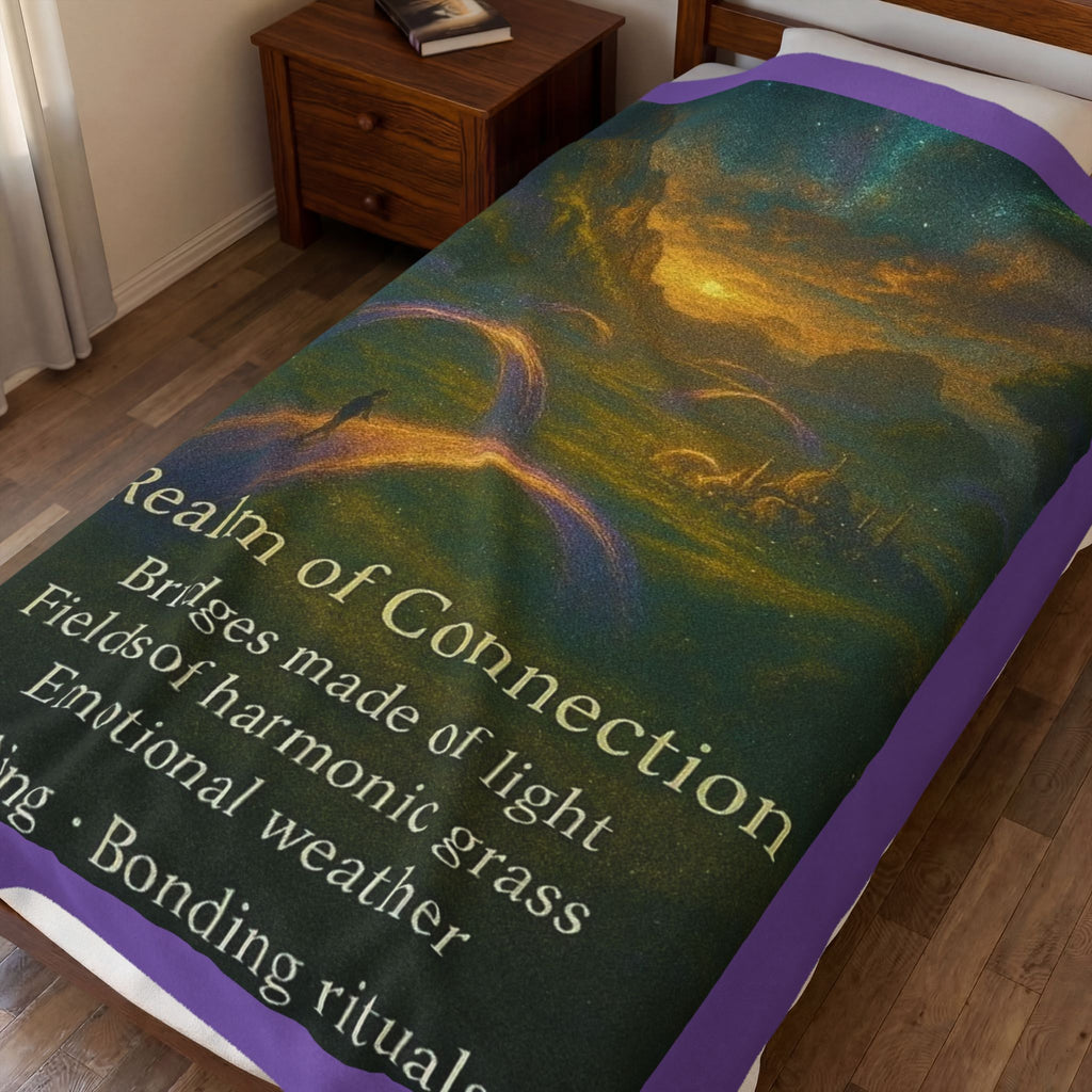 PRB Realm of Connection velveteen plush blanket | ethereal landscape, light bridges, healing text by Power Runs Black