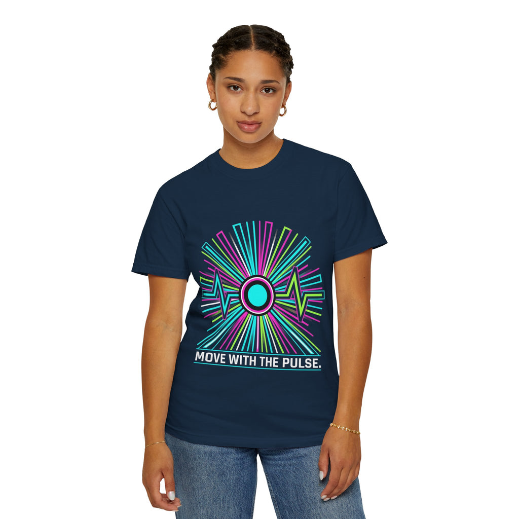 Power Runs Black PRB Electric "Move With Pulse" Graphic T-Shirt — Neon Sunburst Design by Power Runs Black