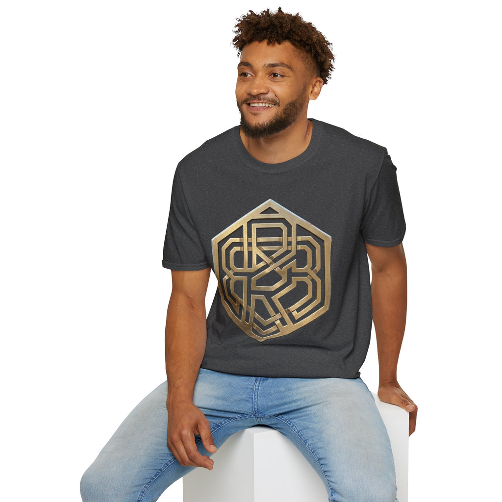 Power Runs Black PRB Geometric Gold Hexagon T-Shirt — Modern Maze Logo Tee by Printify