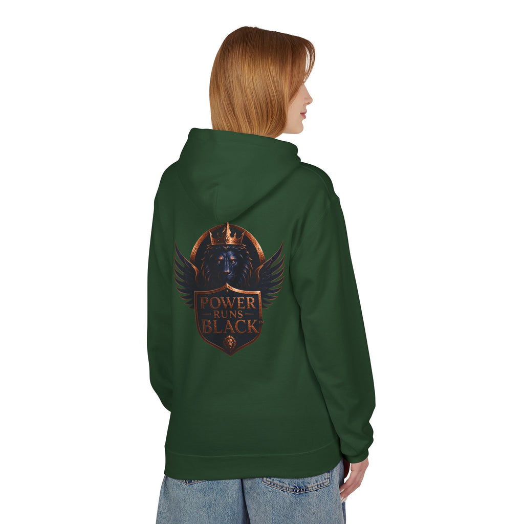 Power Runs Black crest hoodie | medieval shield with lions and wings by Power Runs Black