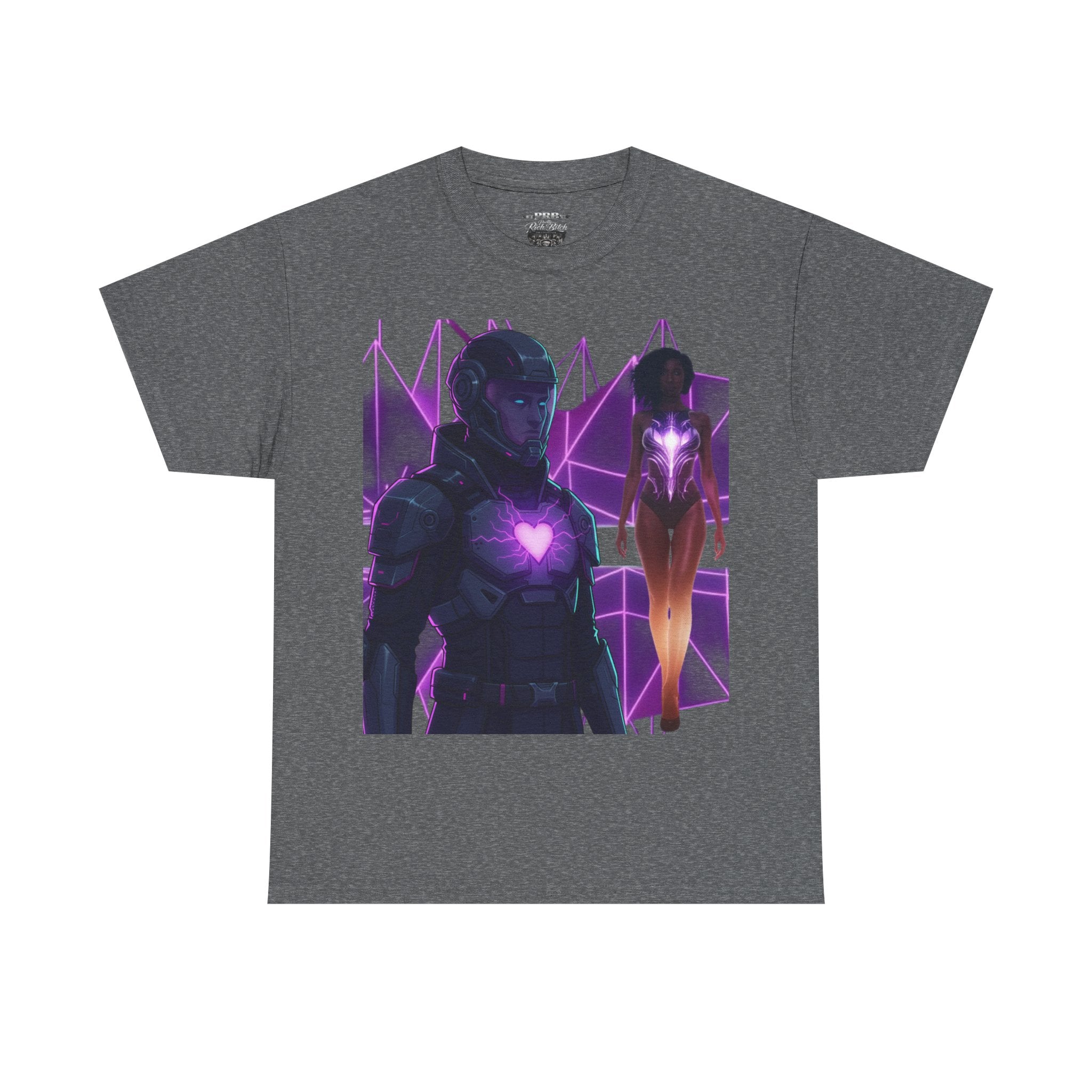 Power Run Black PRB Pretty Rich Bitch The Collection Purple Heart Cyberpunk Knight T-Shirt | Futuristic Armor Sci‑Fi Tee by Printify