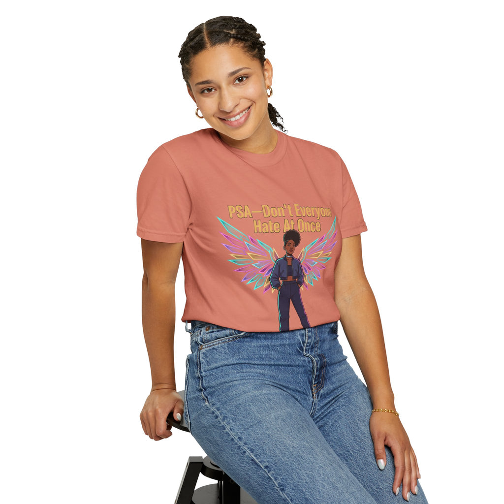 T-Shirt — PSA “Don't Everyone Hate At Once” Angel Wings Graphic Tee by Printify