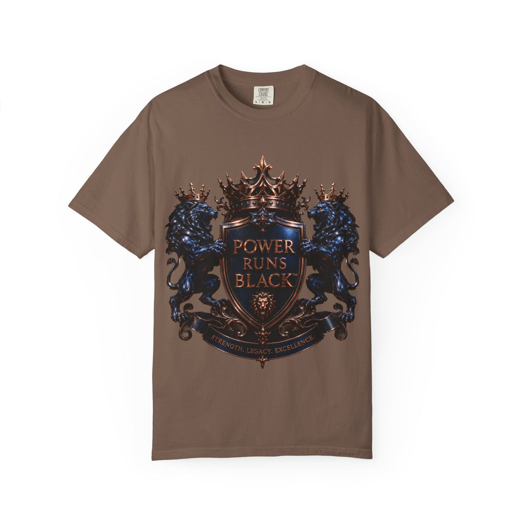 Power Runs Black Crest T-shirt | Heraldic Lion Shield Tee by Power Runs Black