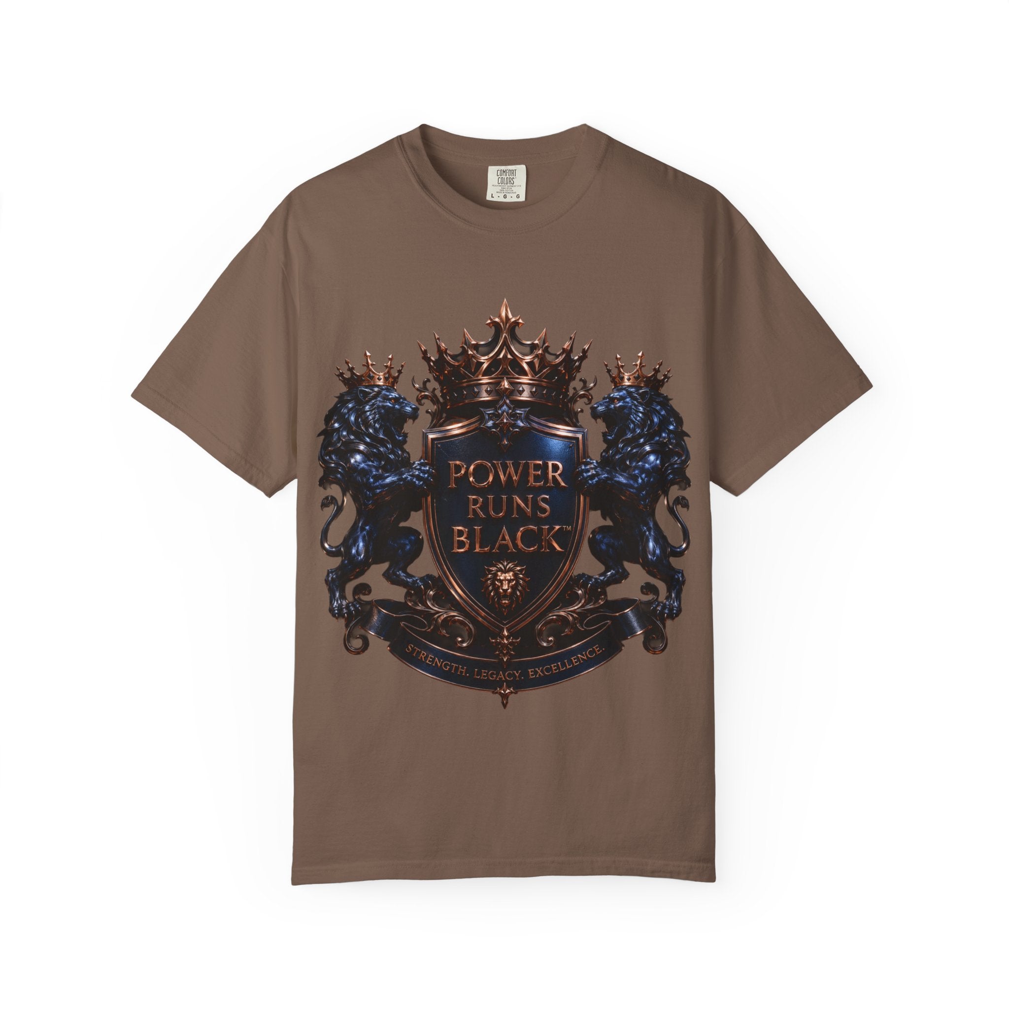 Power Runs Black Crest T-shirt | Heraldic Lion Shield Tee by Power Runs Black