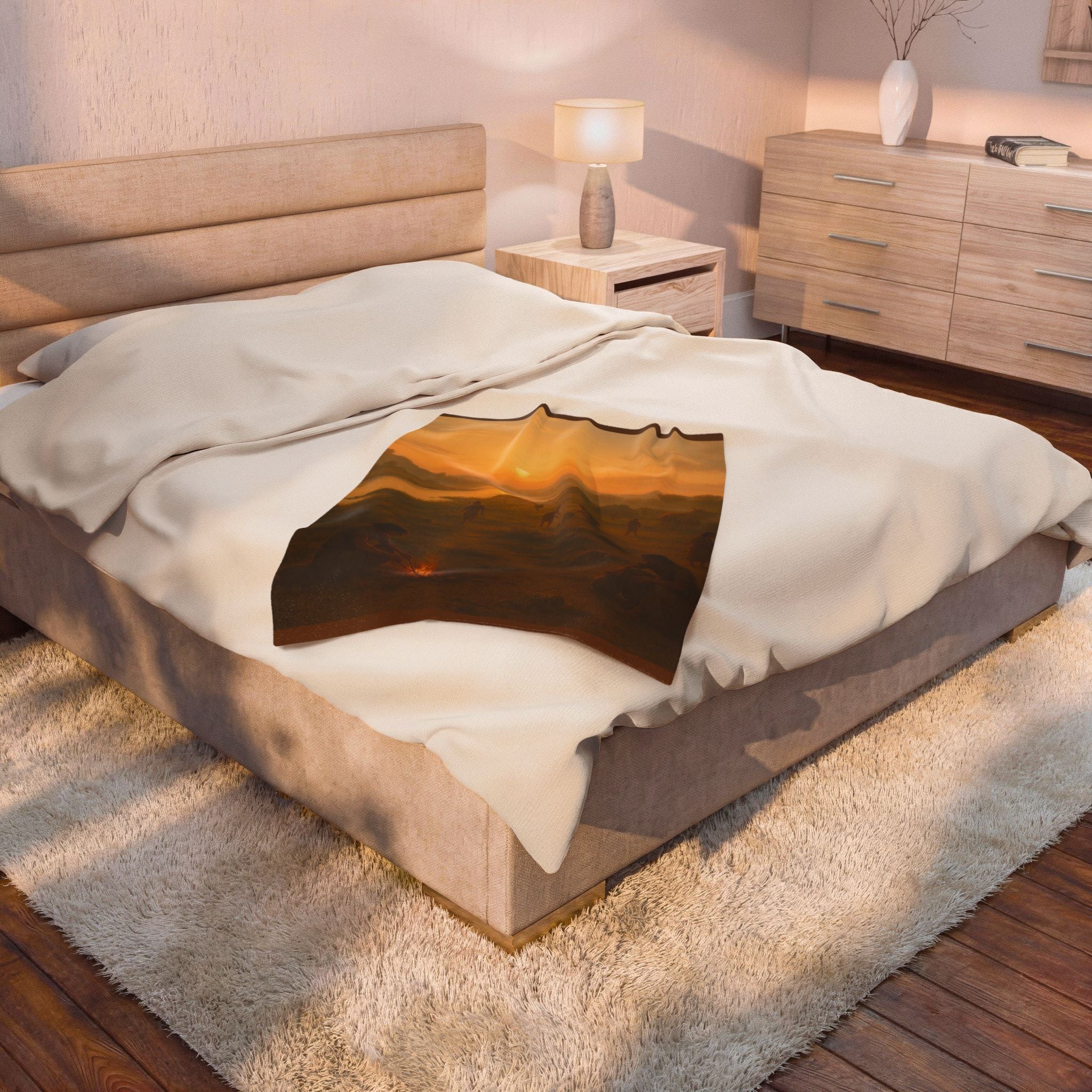 PRB Sunset Campfire Scene Velveteen Plush Blanket | Native Village Landscape by Power Runs Black