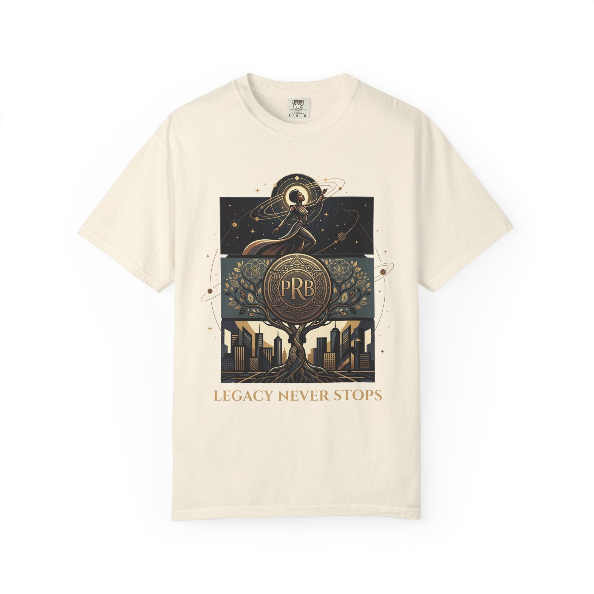 PRB Legacy Never Stops Graphic T-Shirt | Art Deco City Skyline Tee by Printify