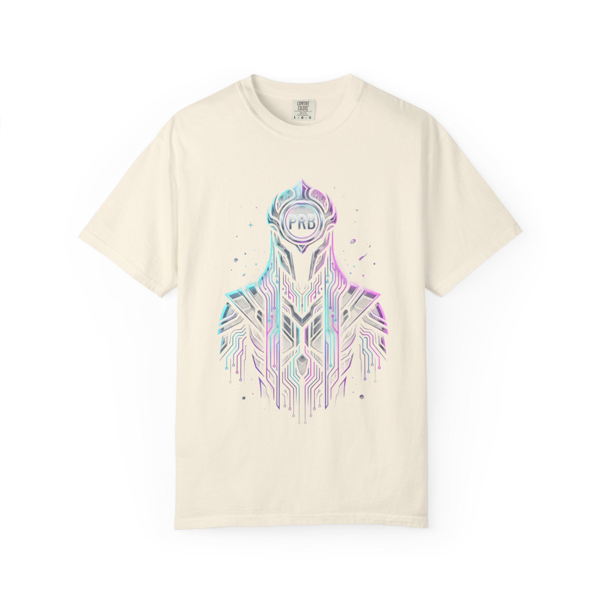 Printify PRB Machine‑Spirit Overlord 4K Futuristic Geometric Helmet T-Shirt | Neon Tech Line Art - T-Shirt