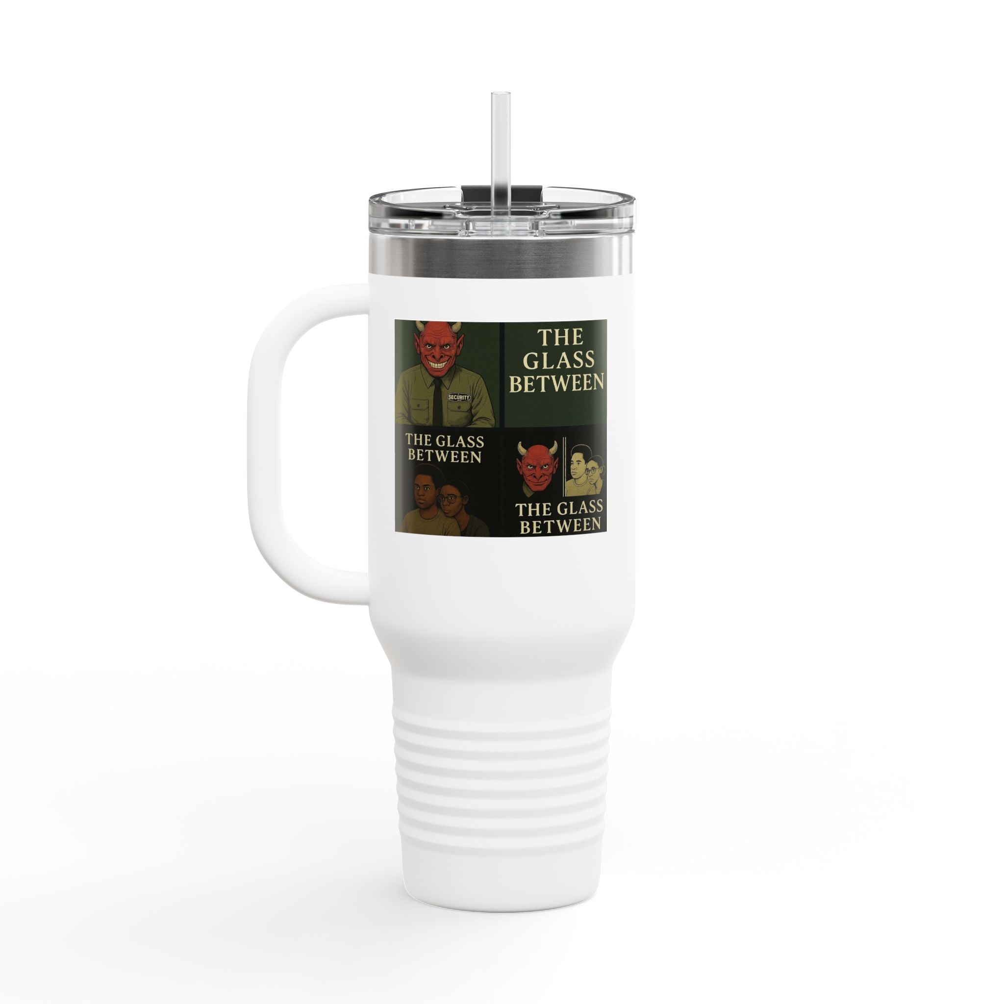 PRB The Glass Between collage travel mug | 40oz insulated tumbler by Printify