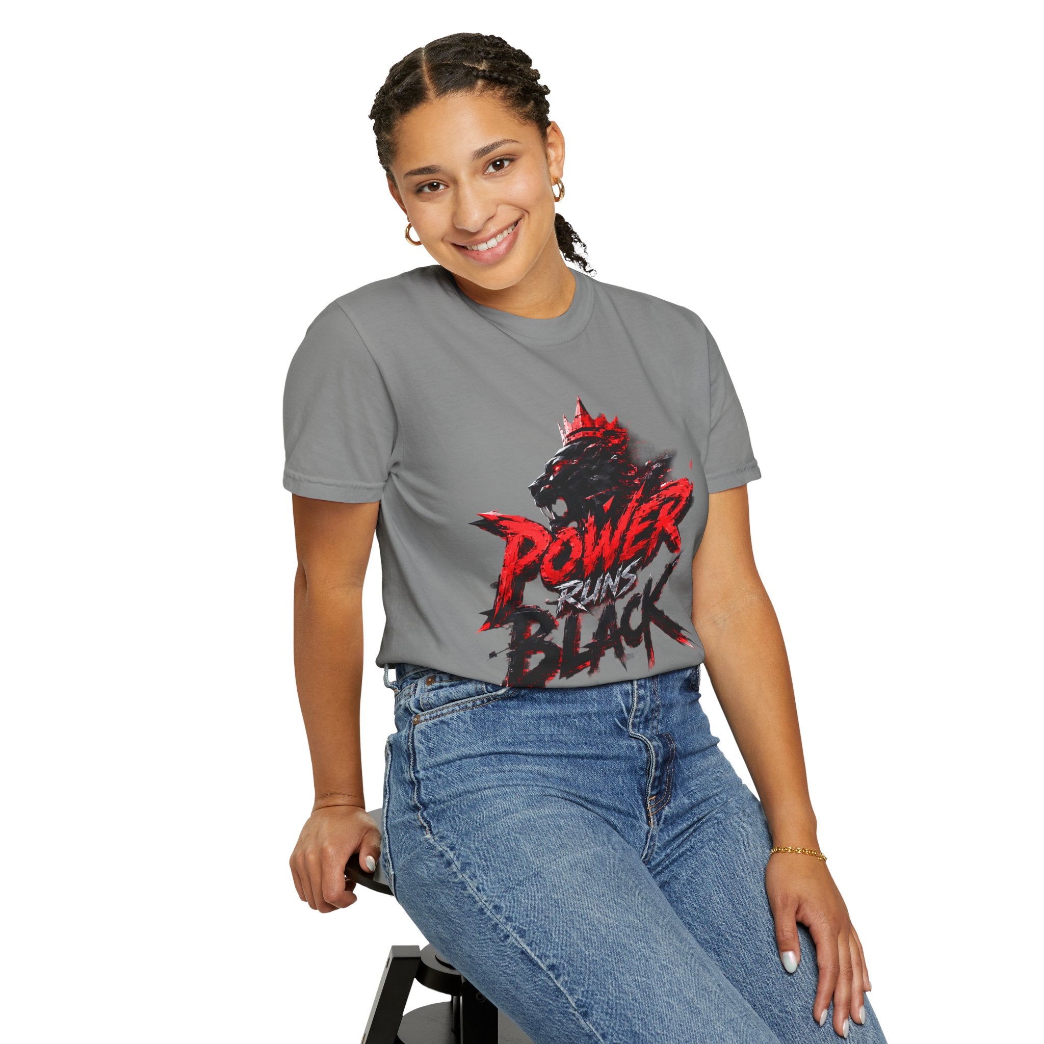 Power Runs Black T-shirt | Wolf Silhouette, Red Black Graphic Tee by Power Runs Black