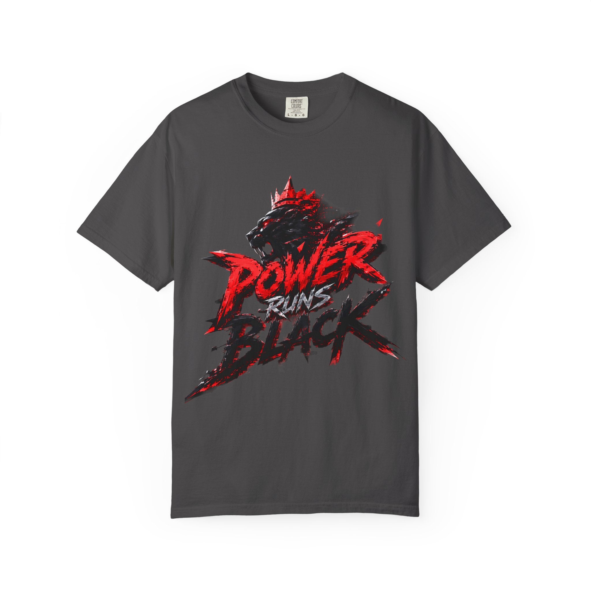Power Runs Black T-shirt | Wolf Silhouette, Red Black Graphic Tee by Power Runs Black