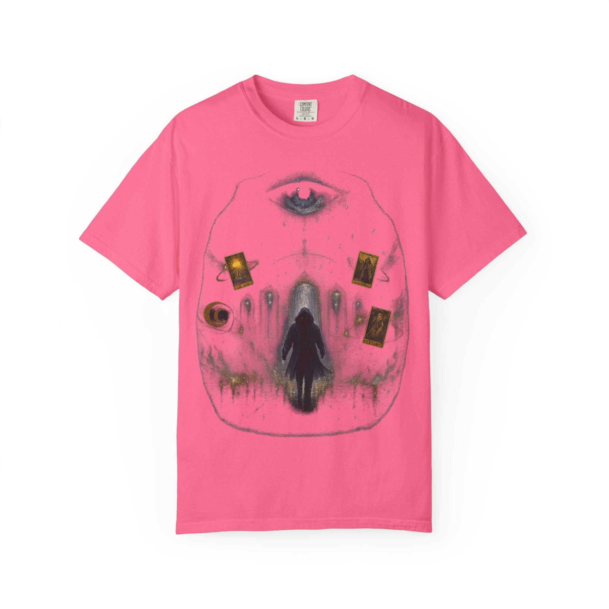 PRB Occult Tarot Skull T-Shirt — Mystic Eye & Shadow Figure Graphic by Power Runs Black