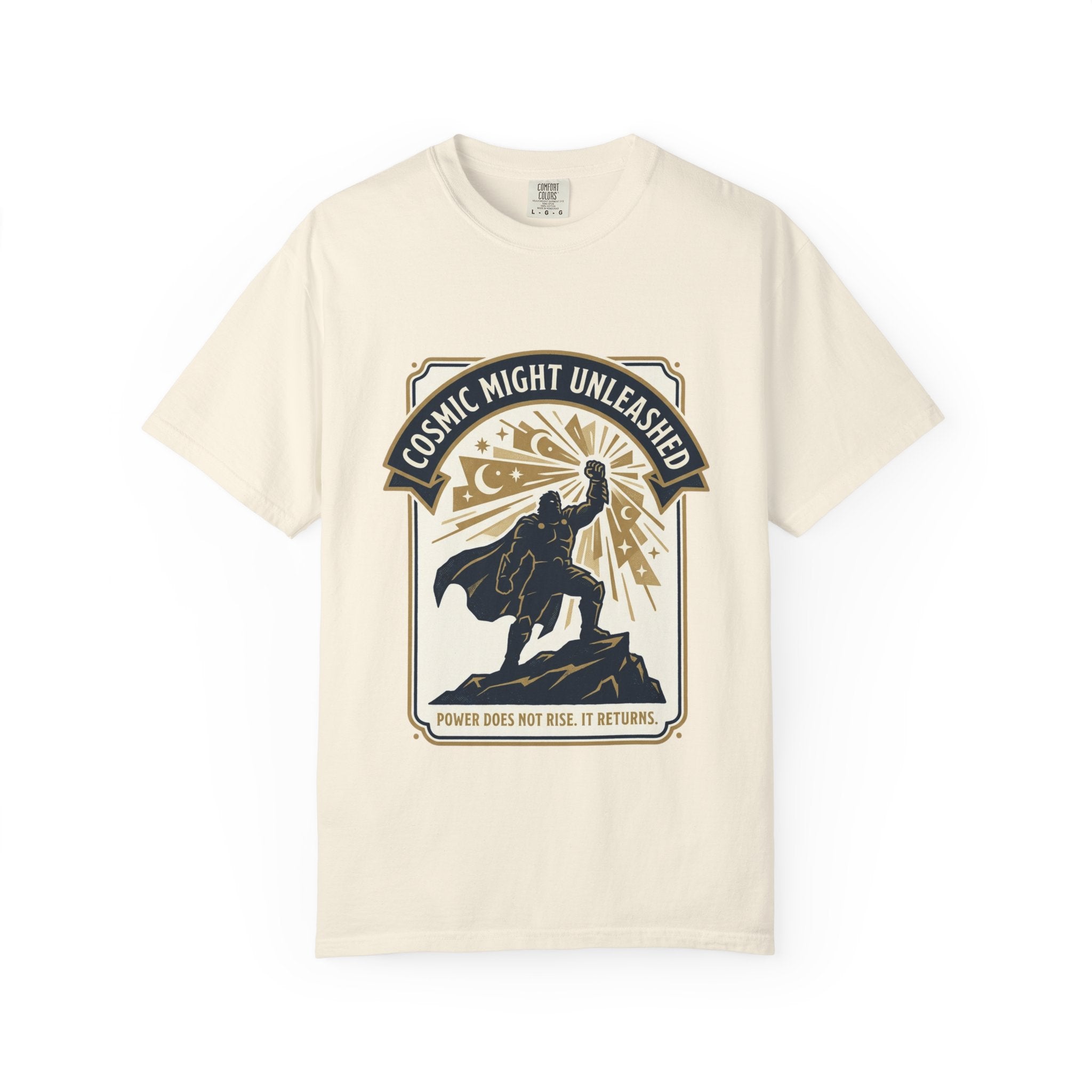 PRB Starforged Flex Cosmic Might Unleashed T-Shirt — Retro Superhero Space Graphic ('Power Does Not Rise, It Returns') by Power Runs Black