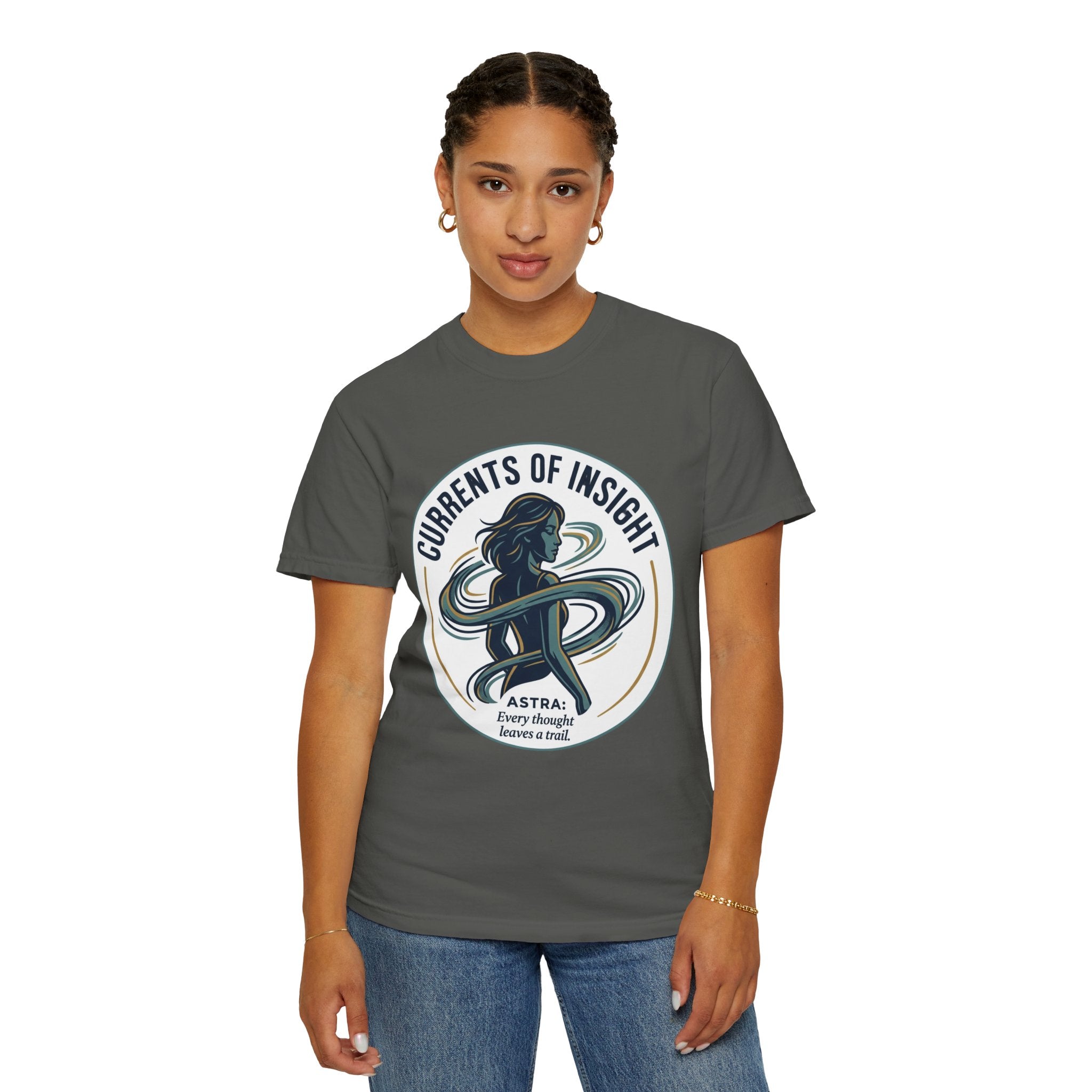 Power Runs Black Currents of Insight T-Shirt — 'Astra: Every thought leaves a trail' Graphic Tee by Power Runs Black