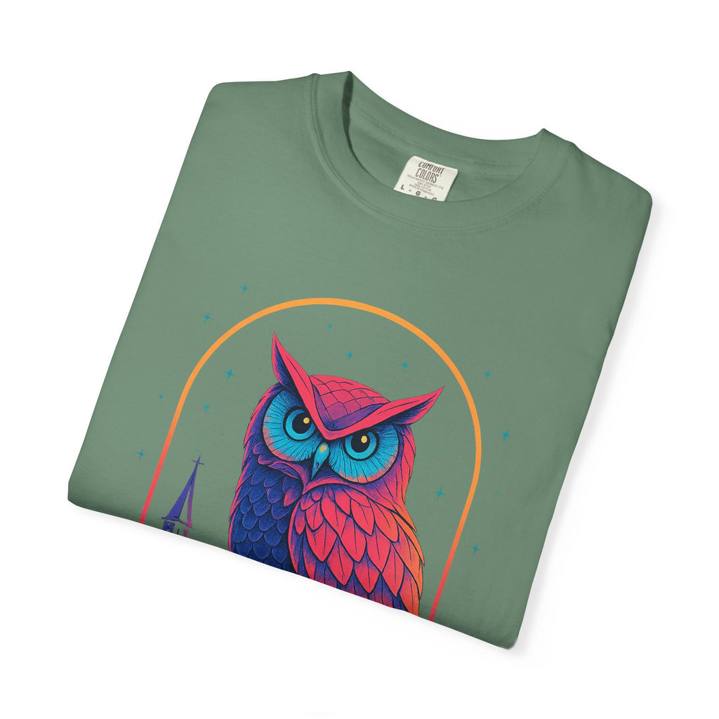 PRB Neon Owl Illustration T-Shirt | Night Church Graphic Tee by Power Runs Black