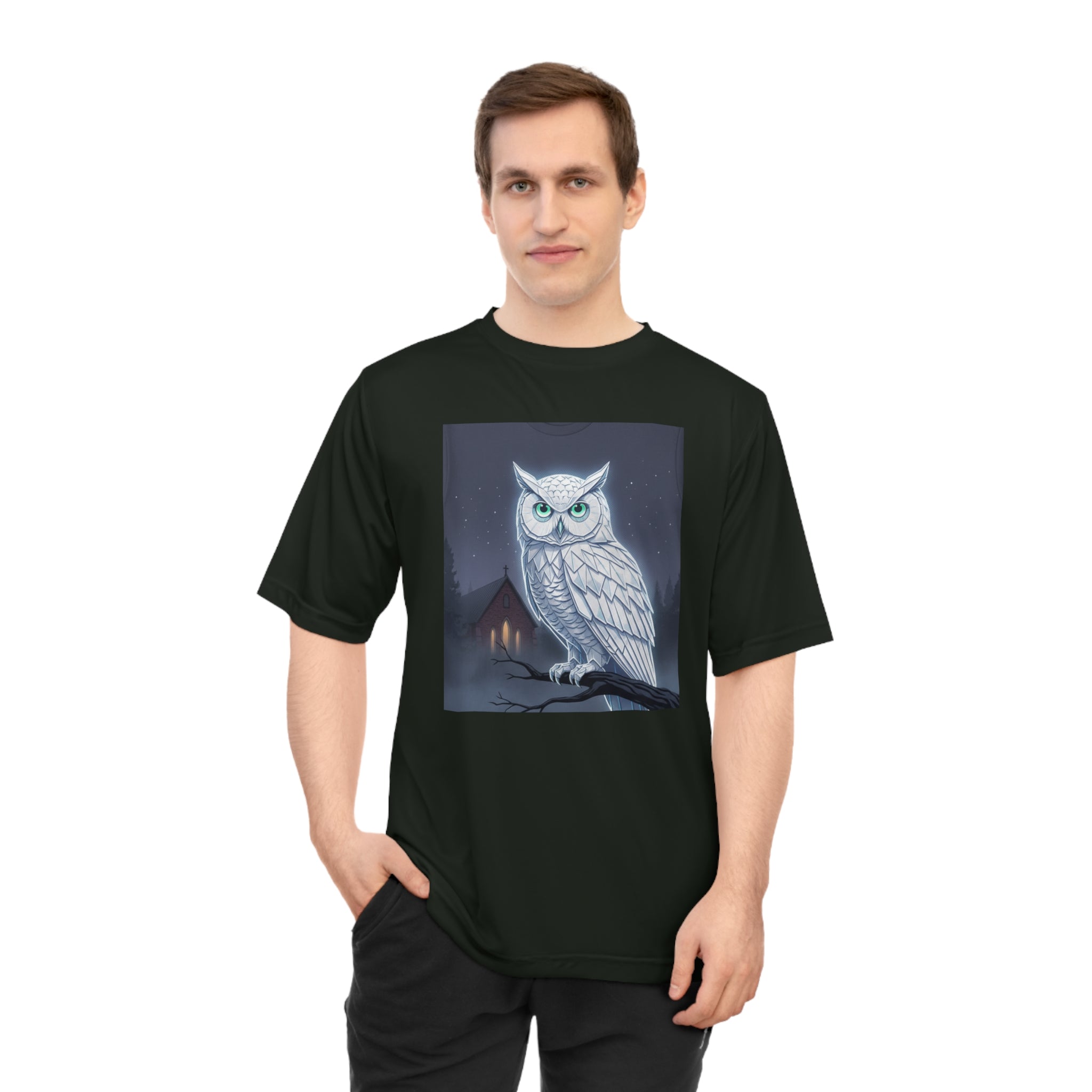 PRB White Snowy Owl Illustration T-shirt | Moonlit Night, Cabin Scene by Printify