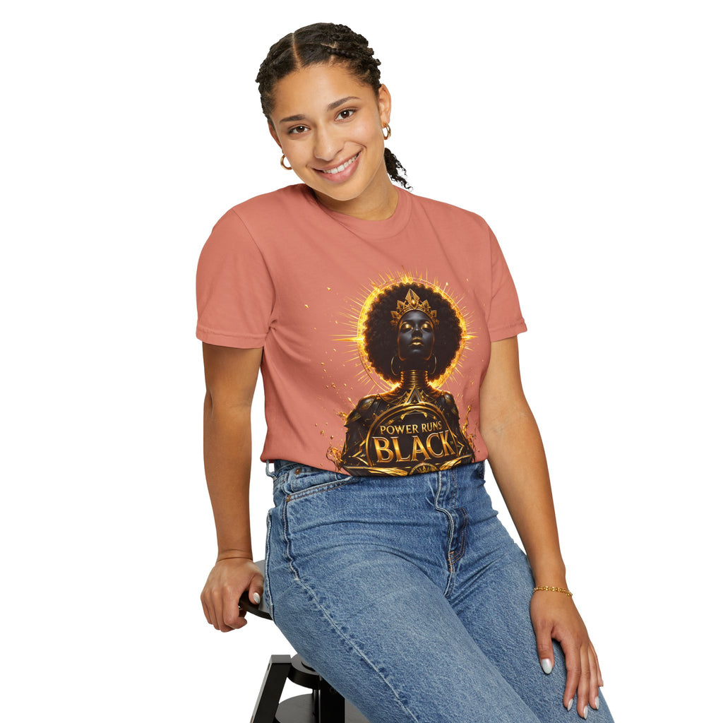 Power Runs Black goddess illustration T-Shirt | Afrocentric black pride design by Power Runs Black