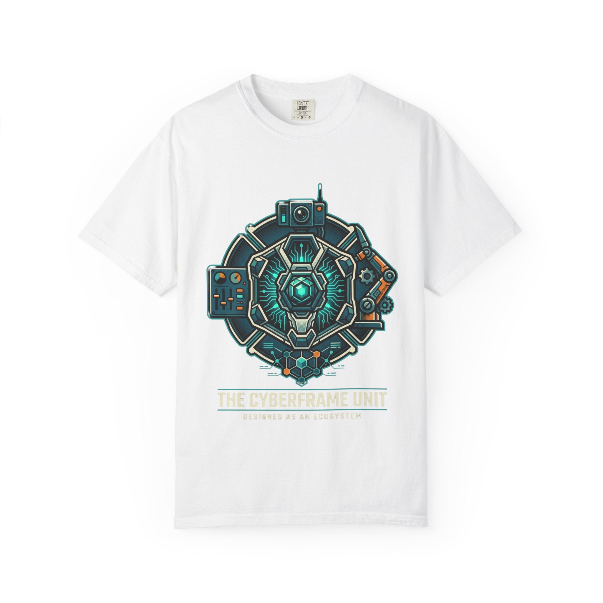 Power Runs Black Cyberframe Unit T-Shirt — Futuristic Tech Armor Graphic Tee by Power Runs Black