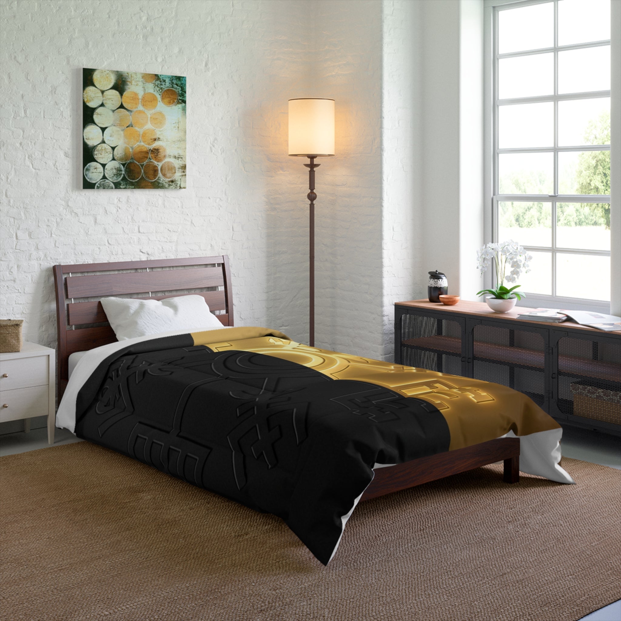 Power Runs Black PRB Gold & Black Nordic Rune Comforter – Viking Symbol Duvet Cover by Power Runs Black