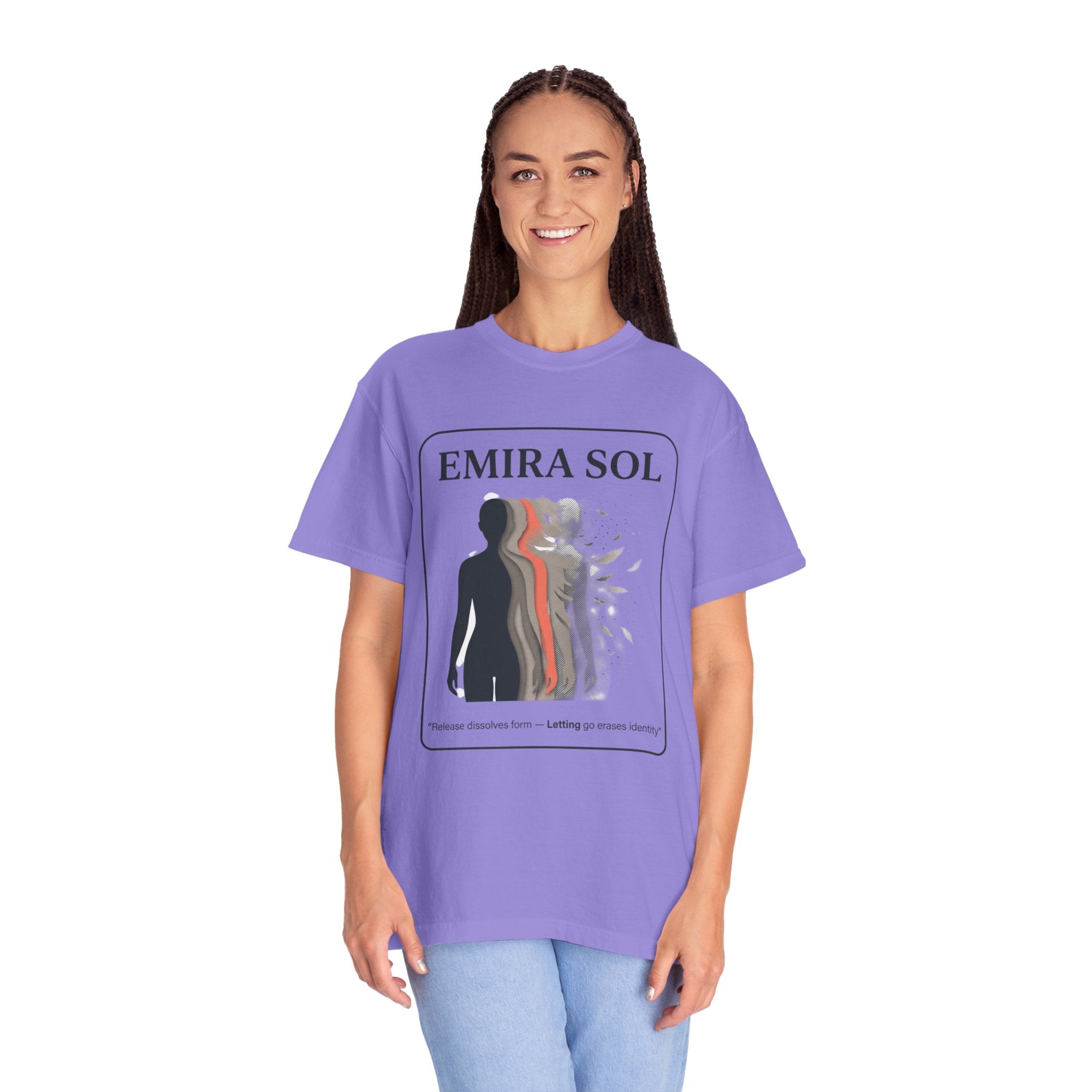 Power Runs Black PRB Emira Sol Graphic T-Shirt — Silhouette Art "Release Shadows" Tee by Printify