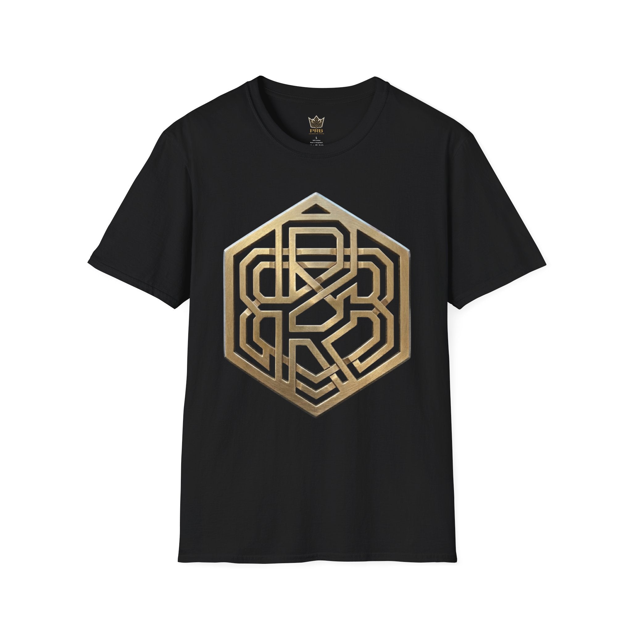Power Runs Black PRB Geometric Gold Hexagon T-Shirt — Modern Maze Logo Tee by Printify