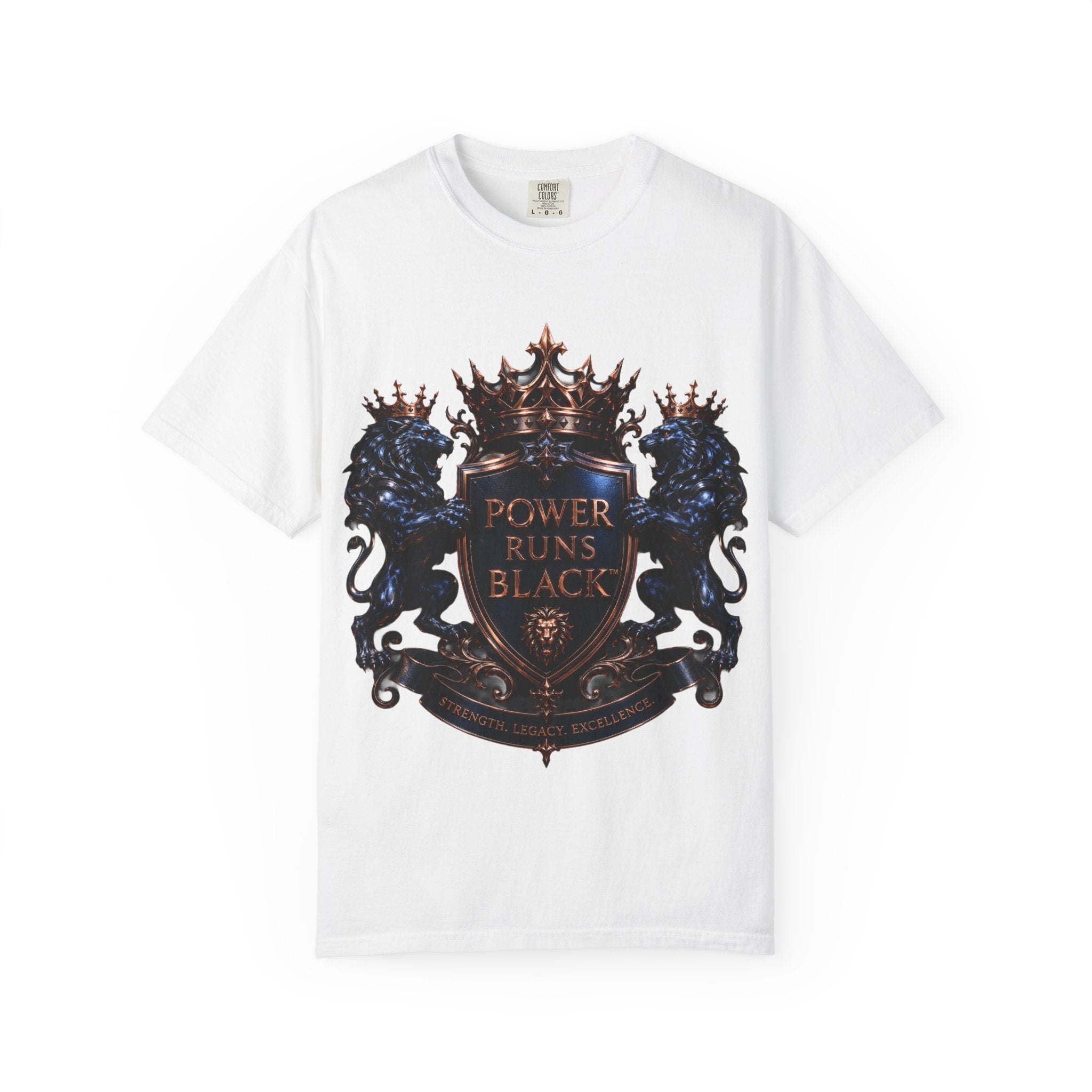 Power Runs Black Crest T-shirt | Heraldic Lion Shield Tee by Power Runs Black
