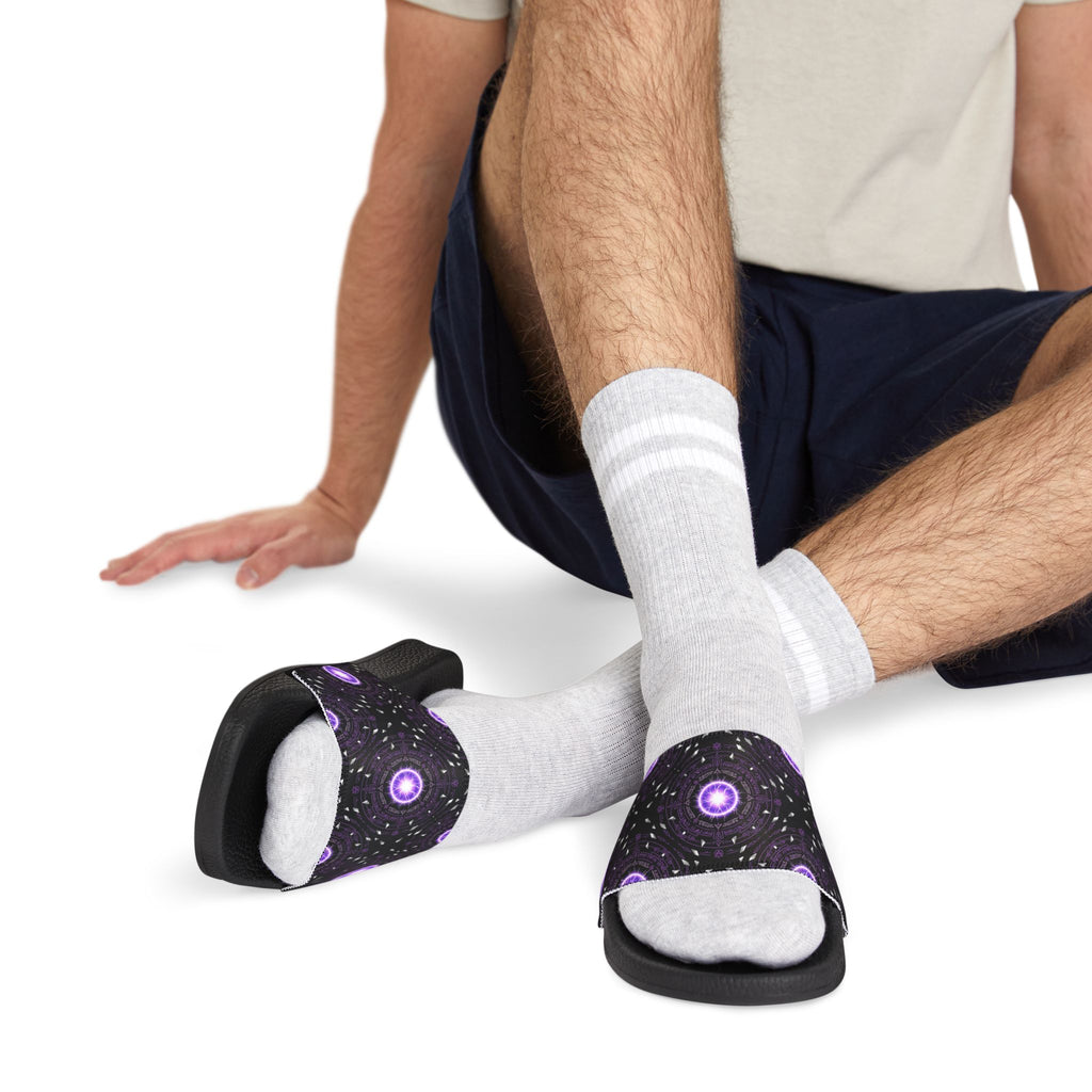 Power Runs Black Men's Removable-Strap Slide Sandals — Purple Cosmic Mandala Pattern by Power Runs Black