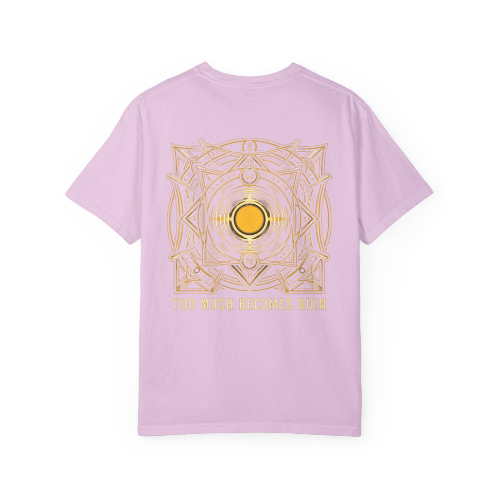 Power Runs Black PRB — Veyra Kain Geometric Sigil Tee with “Too Much Becomes Ruin” Graphic T-Shirt by Printify