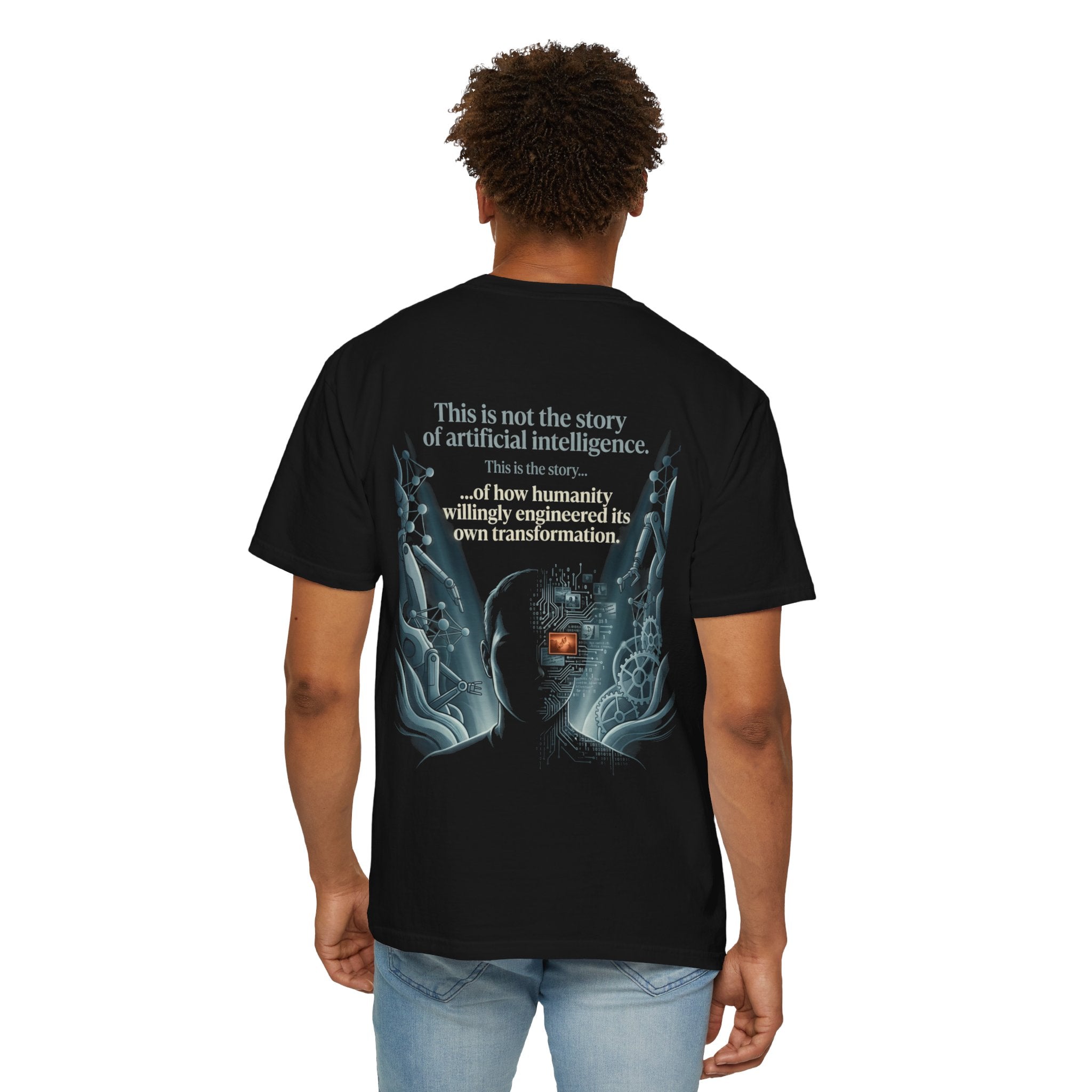 Power Runs Black AI Fusion Graphic T-Shirt — "The Core Age" Split Face Design by Power Runs Black