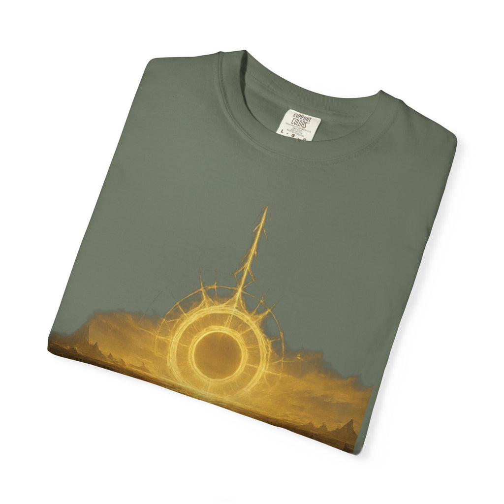 Power Runs Black PRB Golden Eclipse Portal T-shirt | Fantasy Landscape, Mystic Ring, Tower Art by Power Runs Black