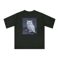 PRB White Snowy Owl Illustration T-shirt | Moonlit Night, Cabin Scene by Power Runs Black