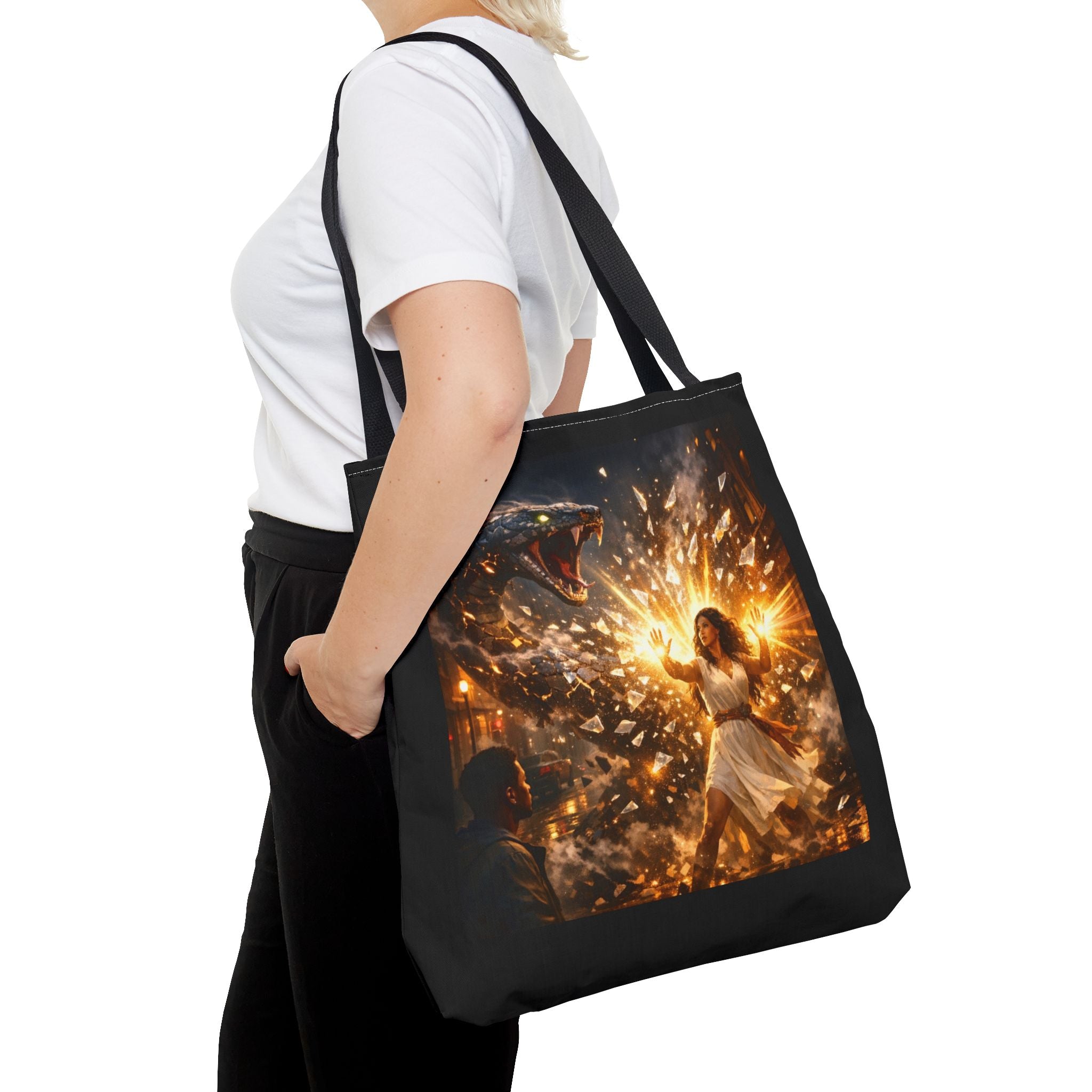 PRB Raging Serpent Burst tote bag | Fantasy serpent explosion art by Power Runs Black