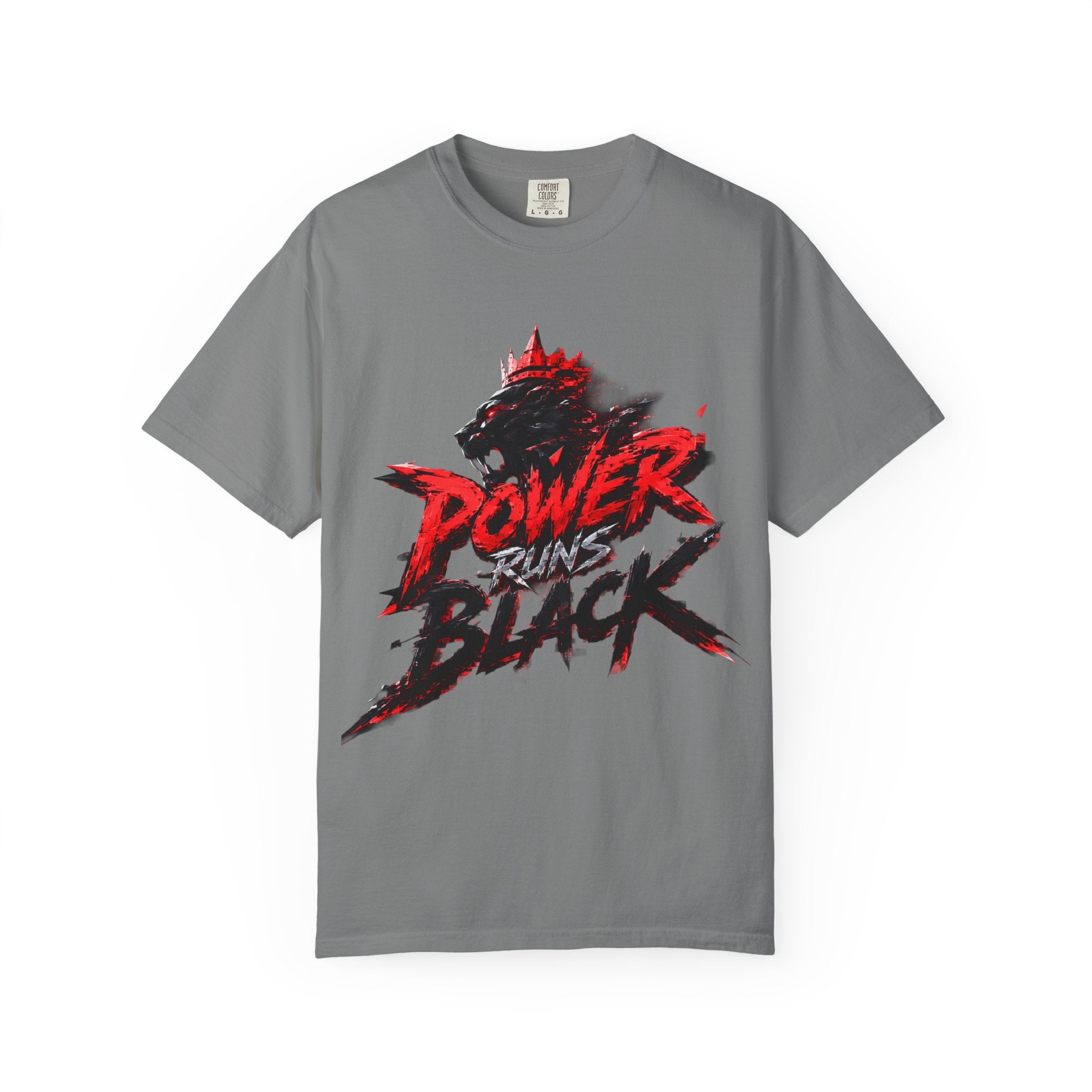 Power Runs Black T-shirt | Wolf Silhouette, Red Black Graphic Tee by Power Runs Black
