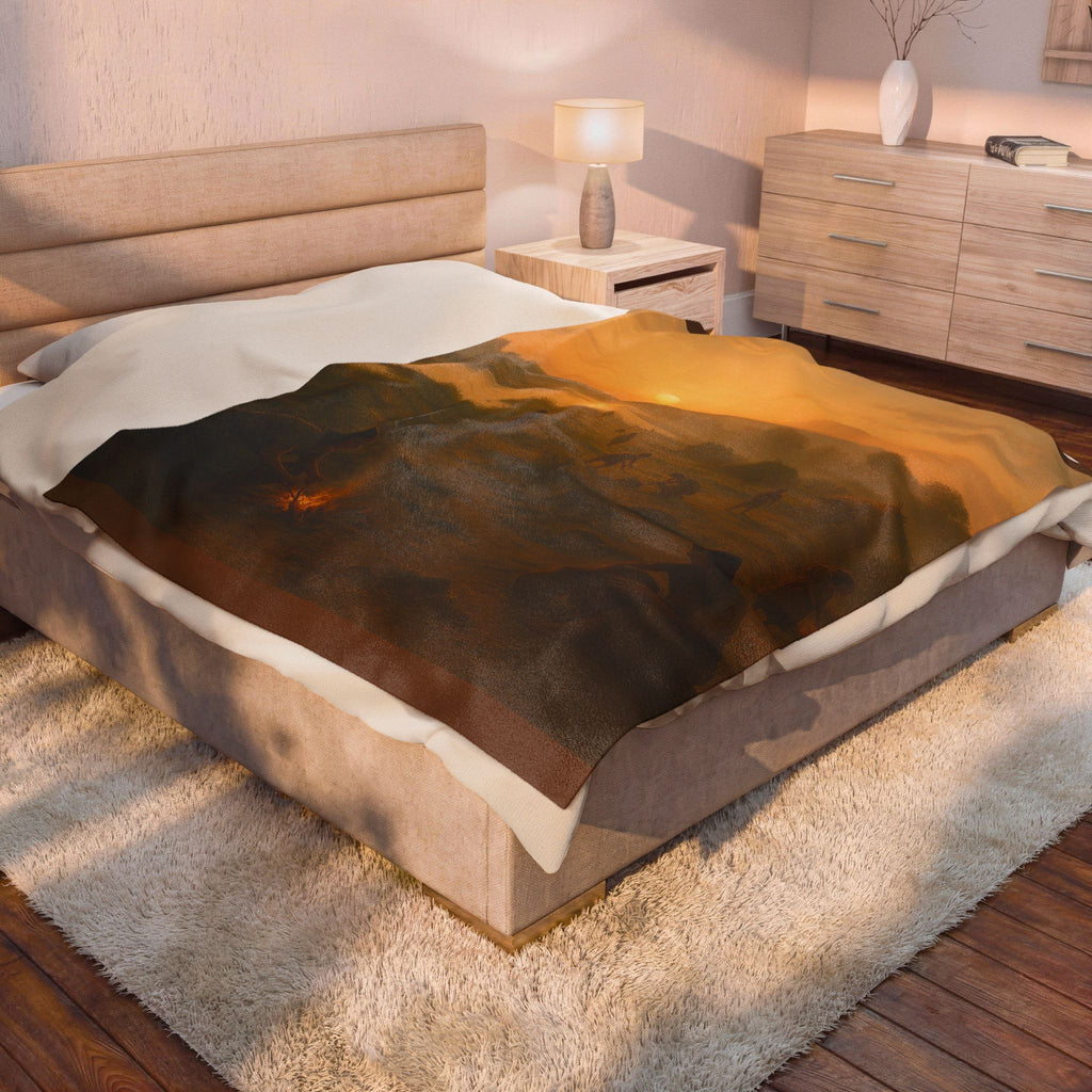 PRB Sunset Campfire Scene Velveteen Plush Blanket | Native Village Landscape by Printify