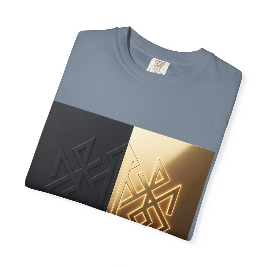 Power Runs Black PRB Geometric Split Glow T-Shirt — Black & Gold Tribal Diamond Graphic by Power Runs Black