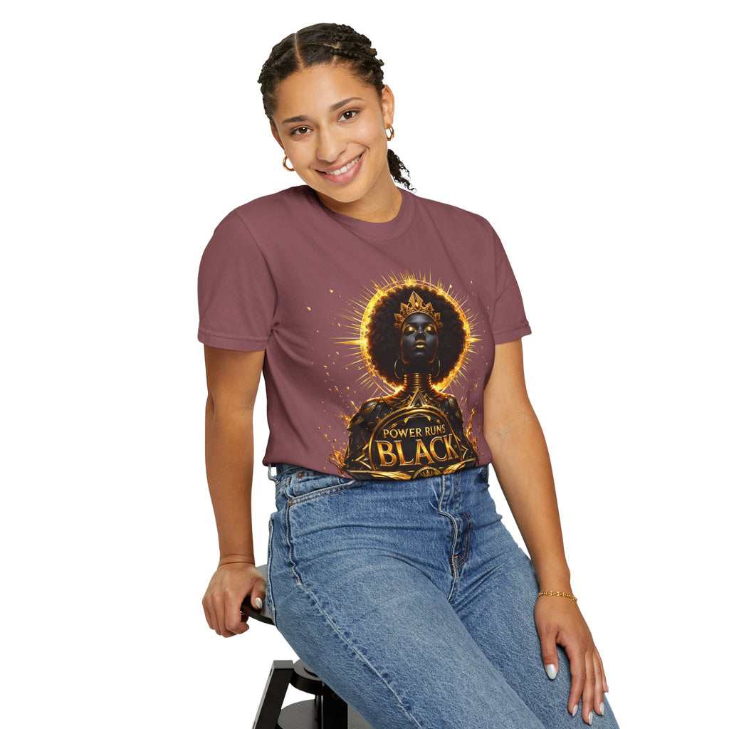 Power Runs Black goddess illustration T-Shirt | Afrocentric black pride design by Power Runs Black