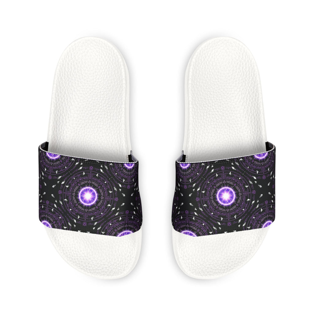 Power Runs Black Men's Removable-Strap Slide Sandals — Purple Cosmic Mandala Pattern by Power Runs Black