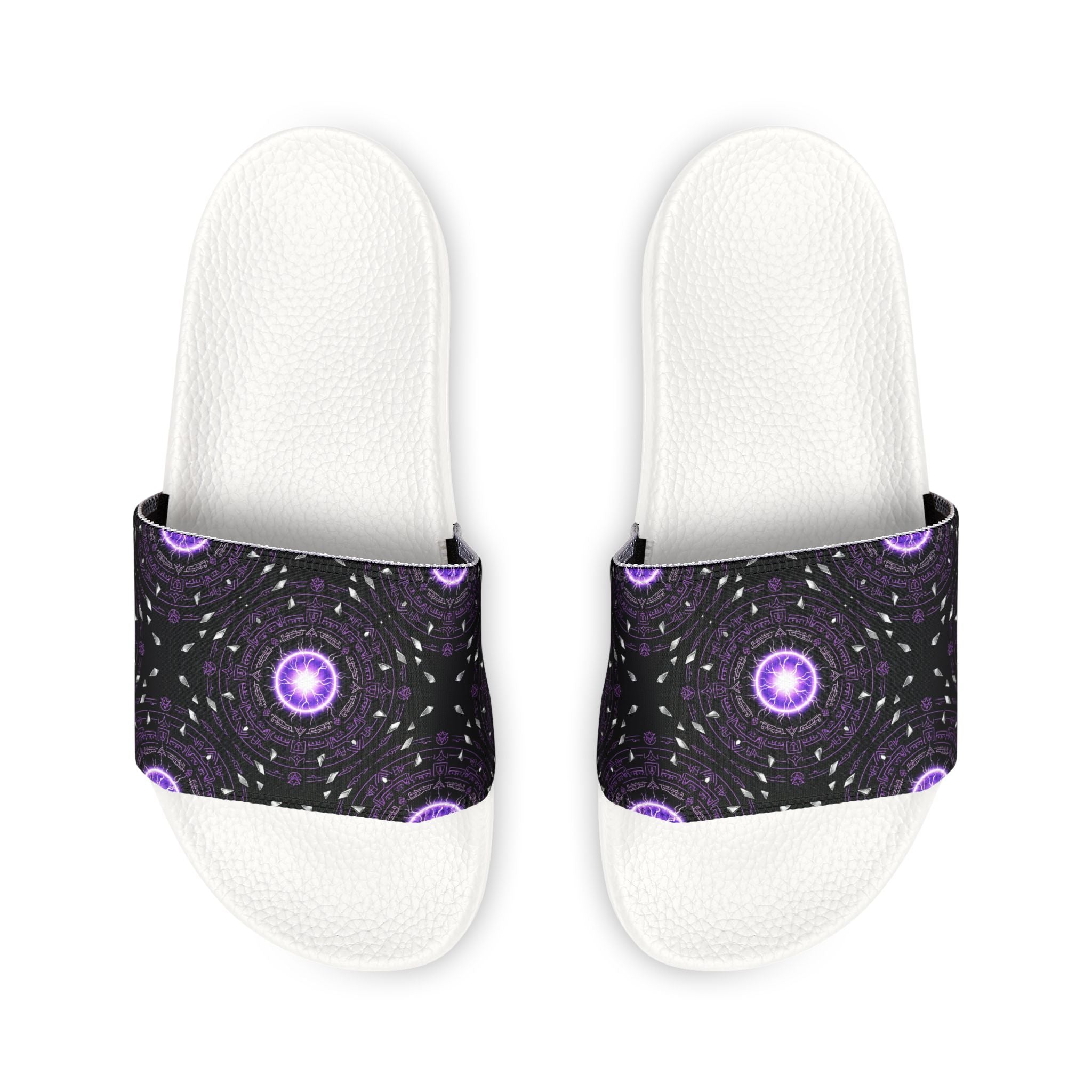 Power Runs Black Men's Removable-Strap Slide Sandals — Purple Cosmic Mandala Pattern by Power Runs Black
