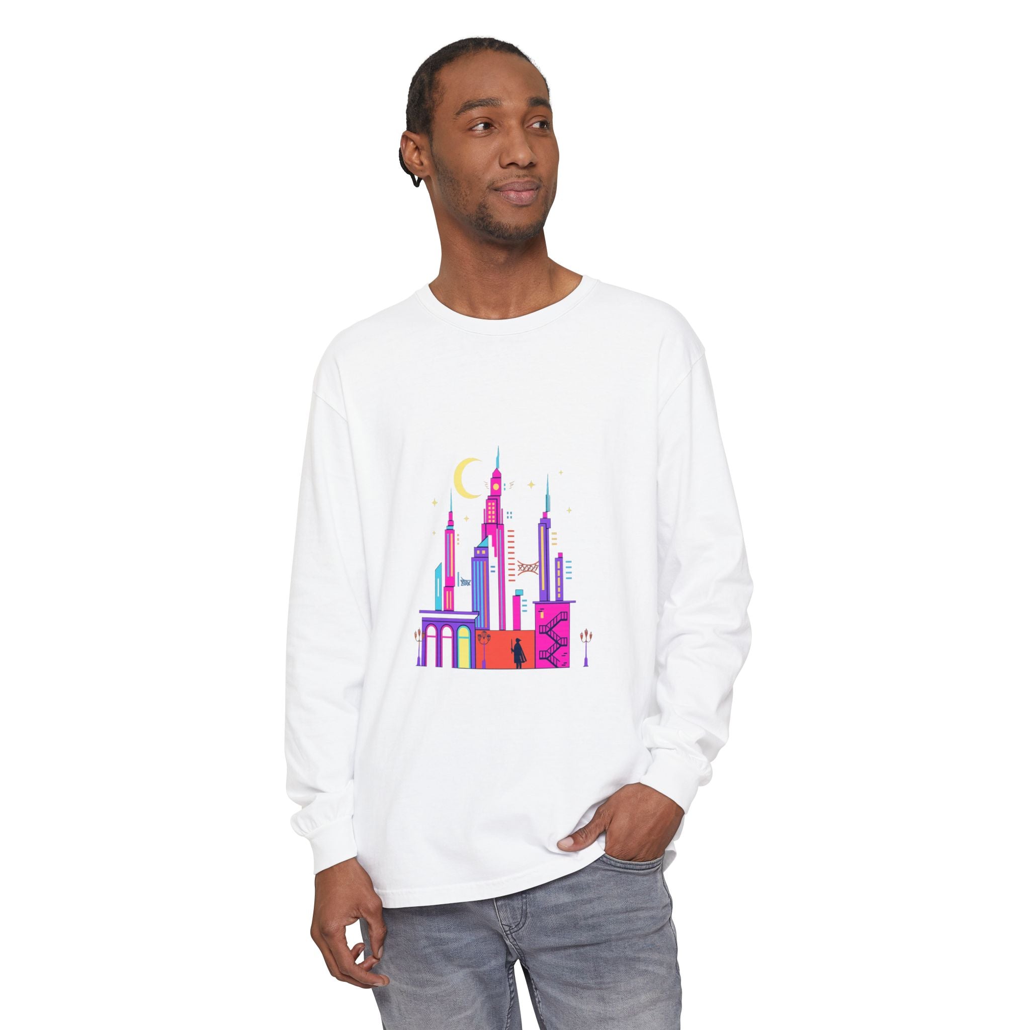 PRB Neon City Skyline Long Sleeve Shirt | Urban Nightscape Illustration by Power Runs Black