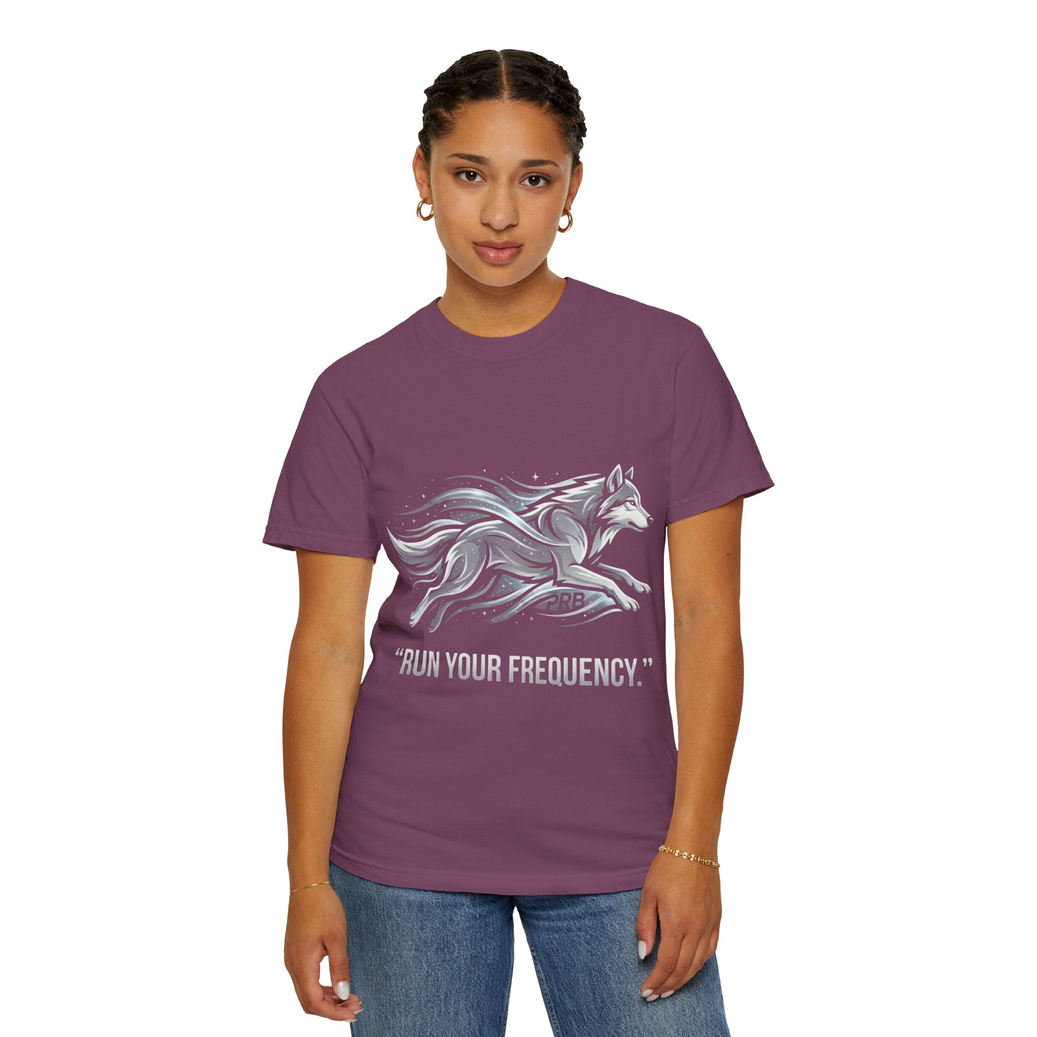 Wolf Graphic T-Shirt — 'Run Your Frequency' Motivational Tee by Printify