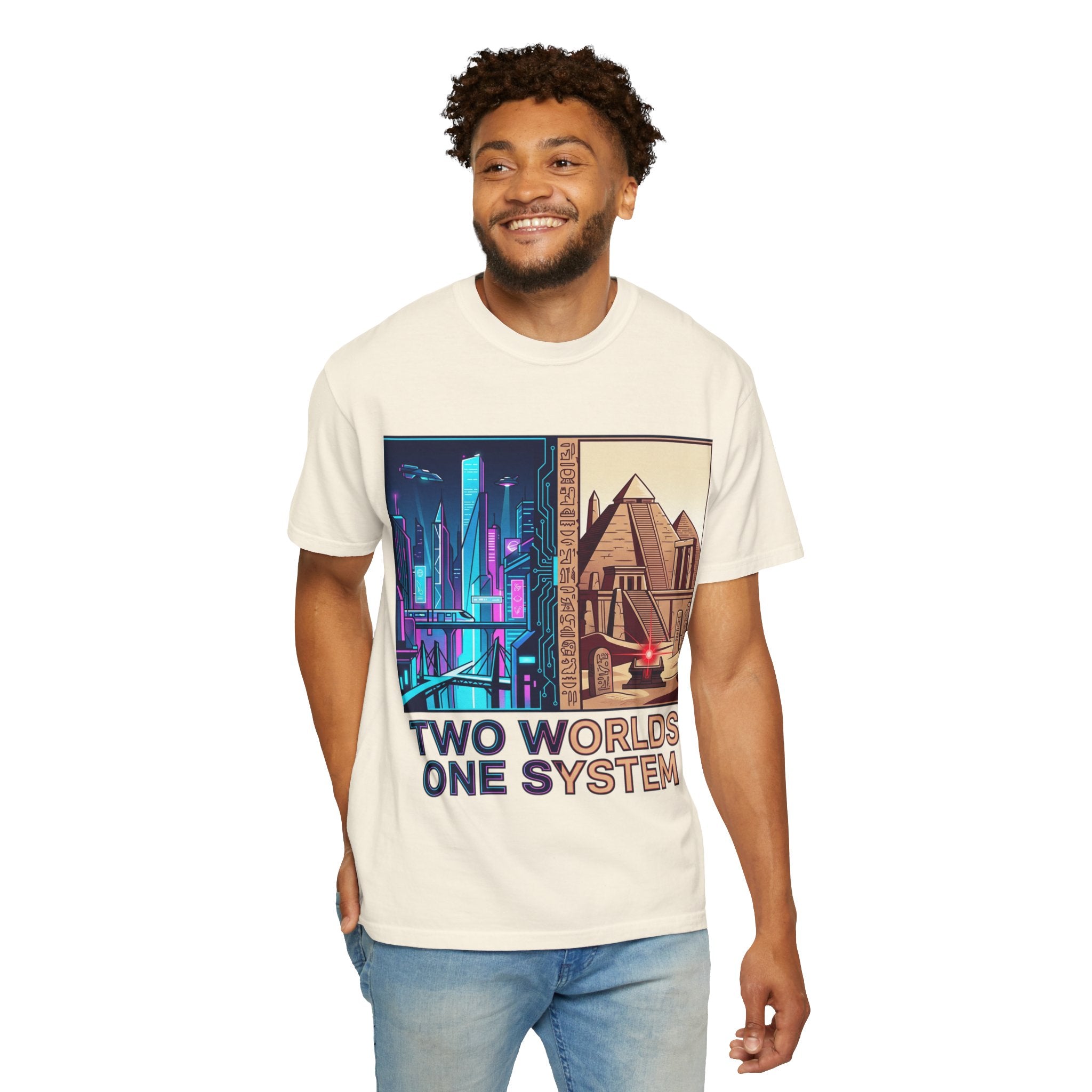 Power Runs Black PRB Blue Technopolis/ Red Dominion Two Worlds One System T-Shirt by Power Runs Black
