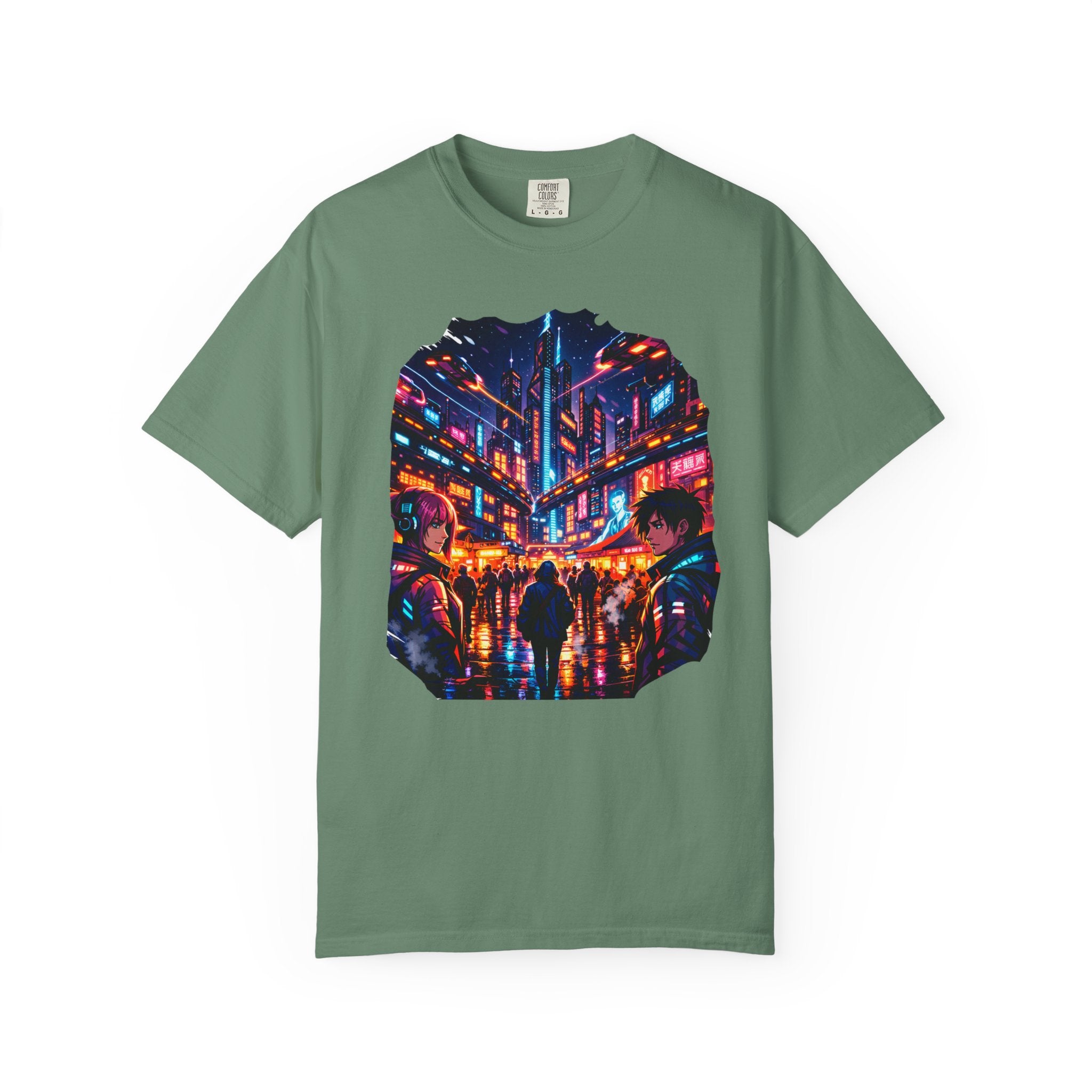 PRB Neon Cyberpunk Cityscape T-shirt | Anime Night Rain Streets by Power Runs Black