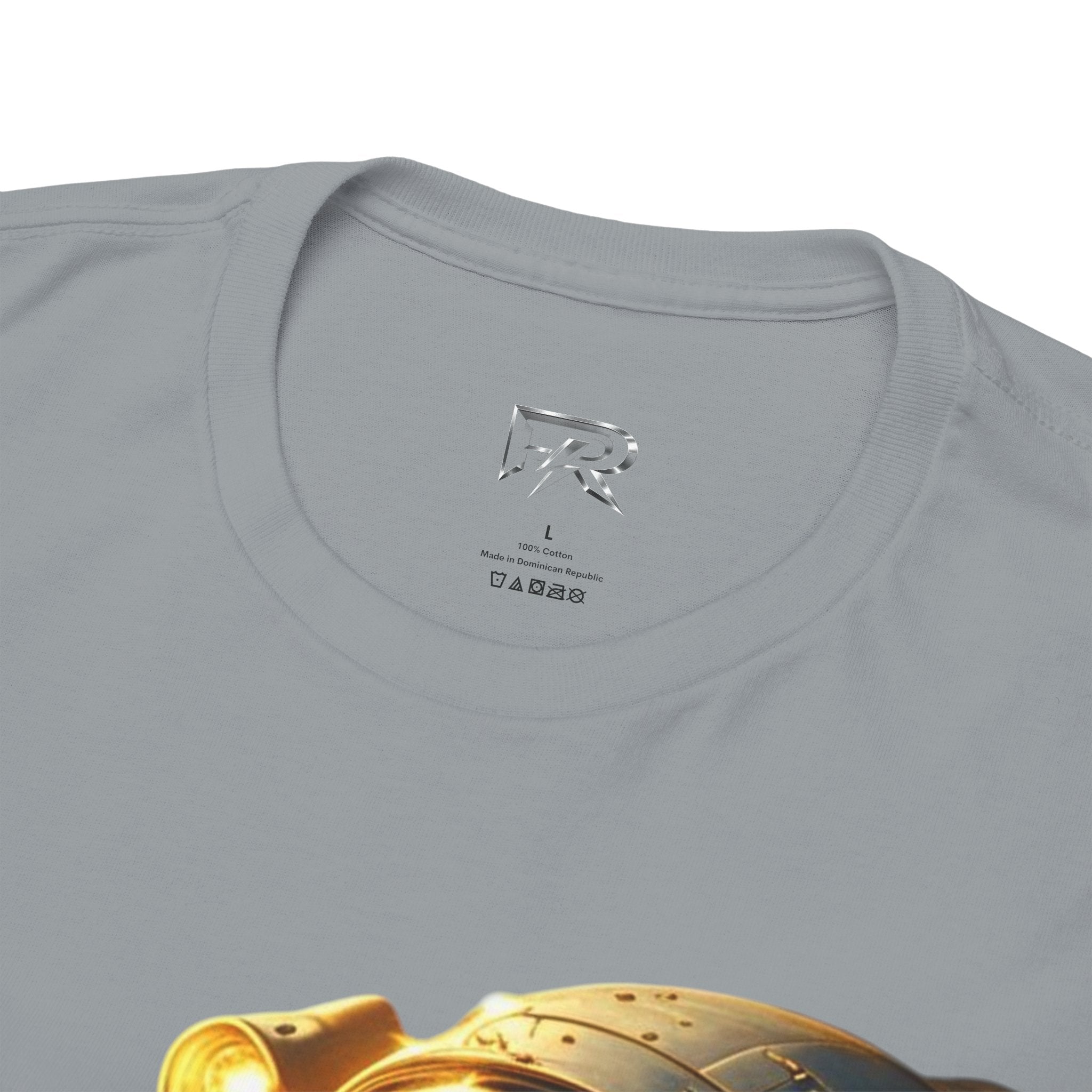 Power Runs Black PRB Golden Astronaut Portrait T-Shirt | Space Helmet Art, Cosmic Lights by Printify