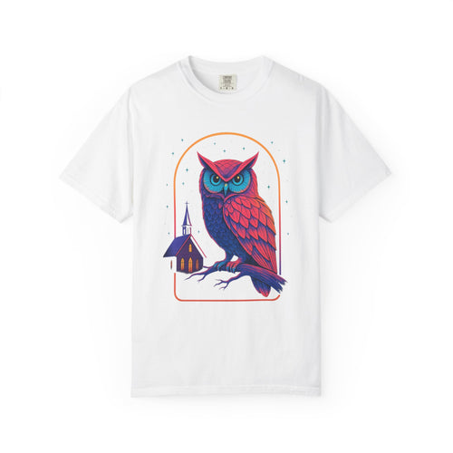 Neon Owl Illustration T-Shirt | Night Church Graphic Tee by Printify