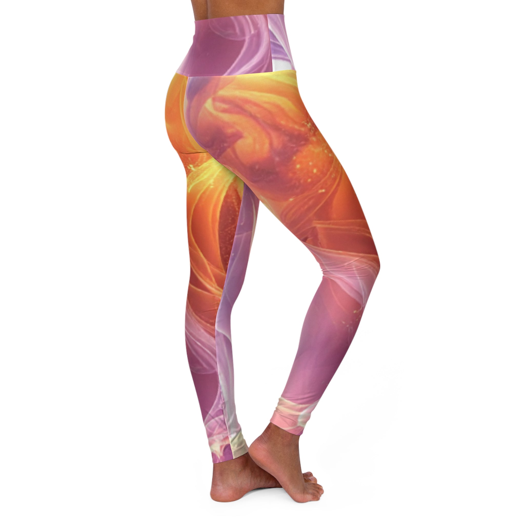Power Runs Black Abstract Swirl Pattern High Waisted Leggings | Marbleized Pink Orange by Power Runs Black