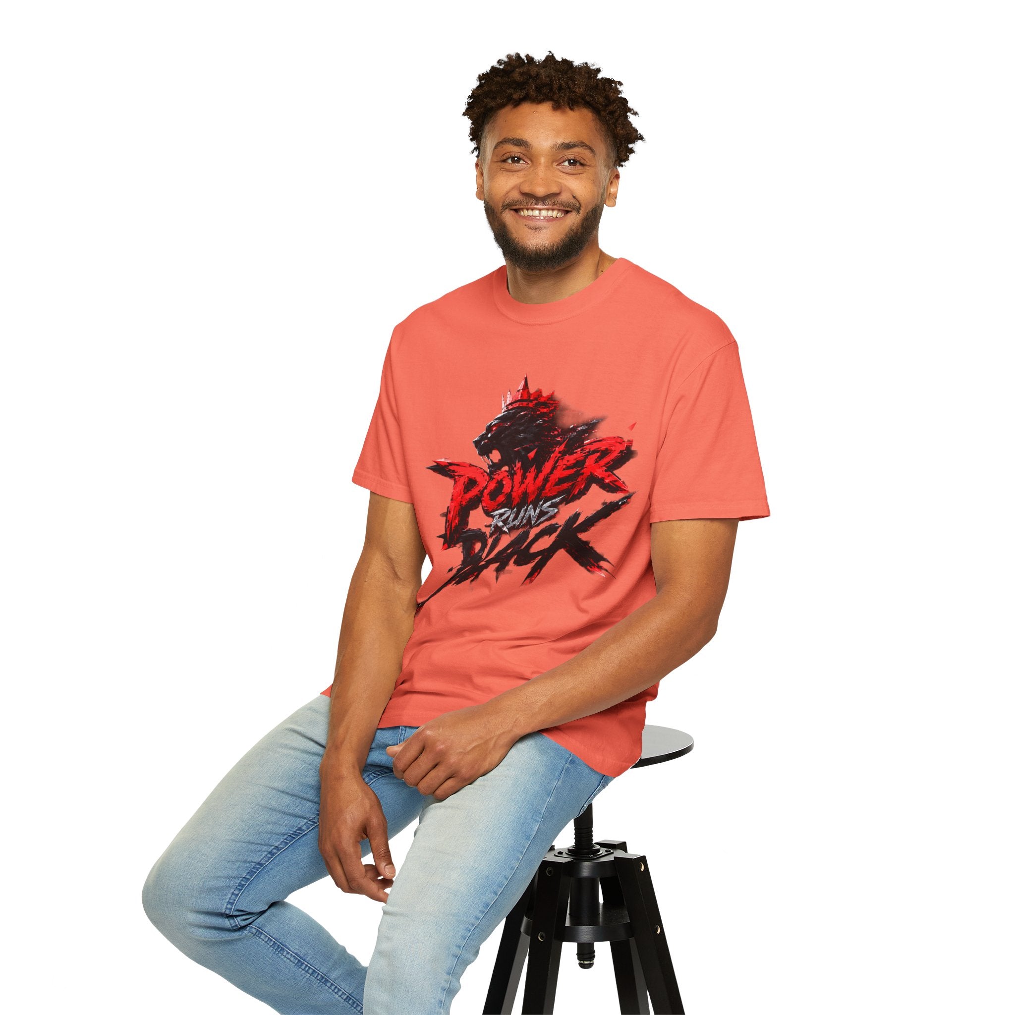 Power Runs Black T-shirt | Wolf Silhouette, Red Black Graphic Tee by Power Runs Black