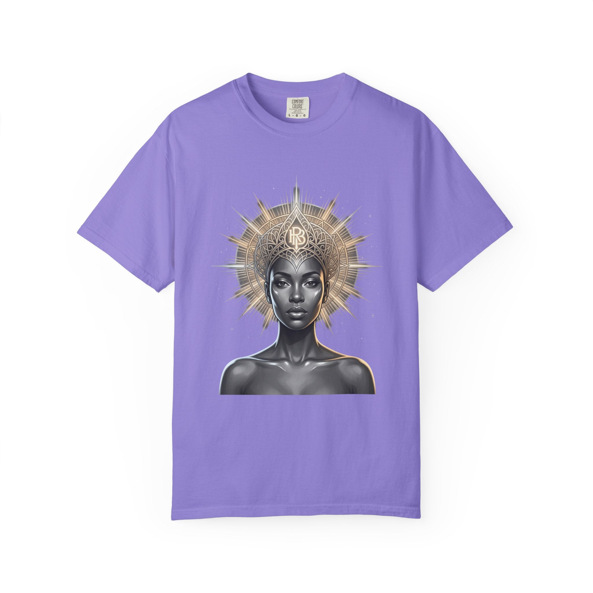 Printify PRB Goddess Halo T‑Shirt — Black Goddess Portrait with Ornate Gold Headdress - T-Shirt