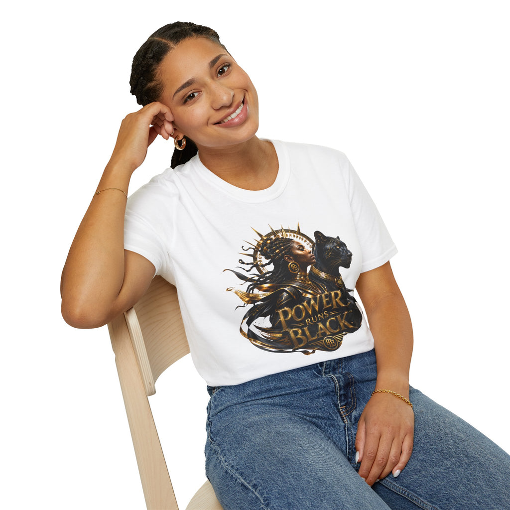 Power Runs Black PRB | Black Woman Portrait, Gold Accents Panther Graphics T by Printify