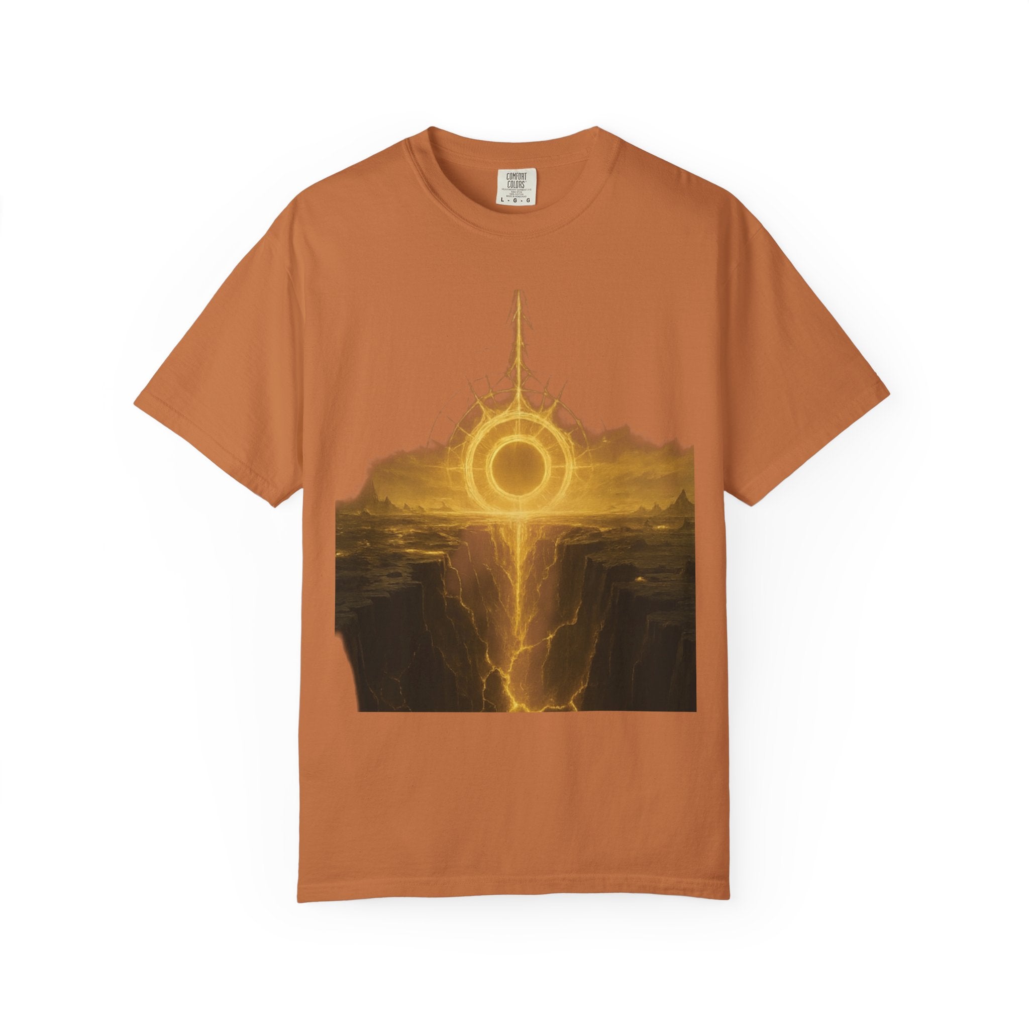 Power Runs Black PRB Golden Eclipse Portal T-shirt | Fantasy Landscape, Mystic Ring, Tower Art by Power Runs Black