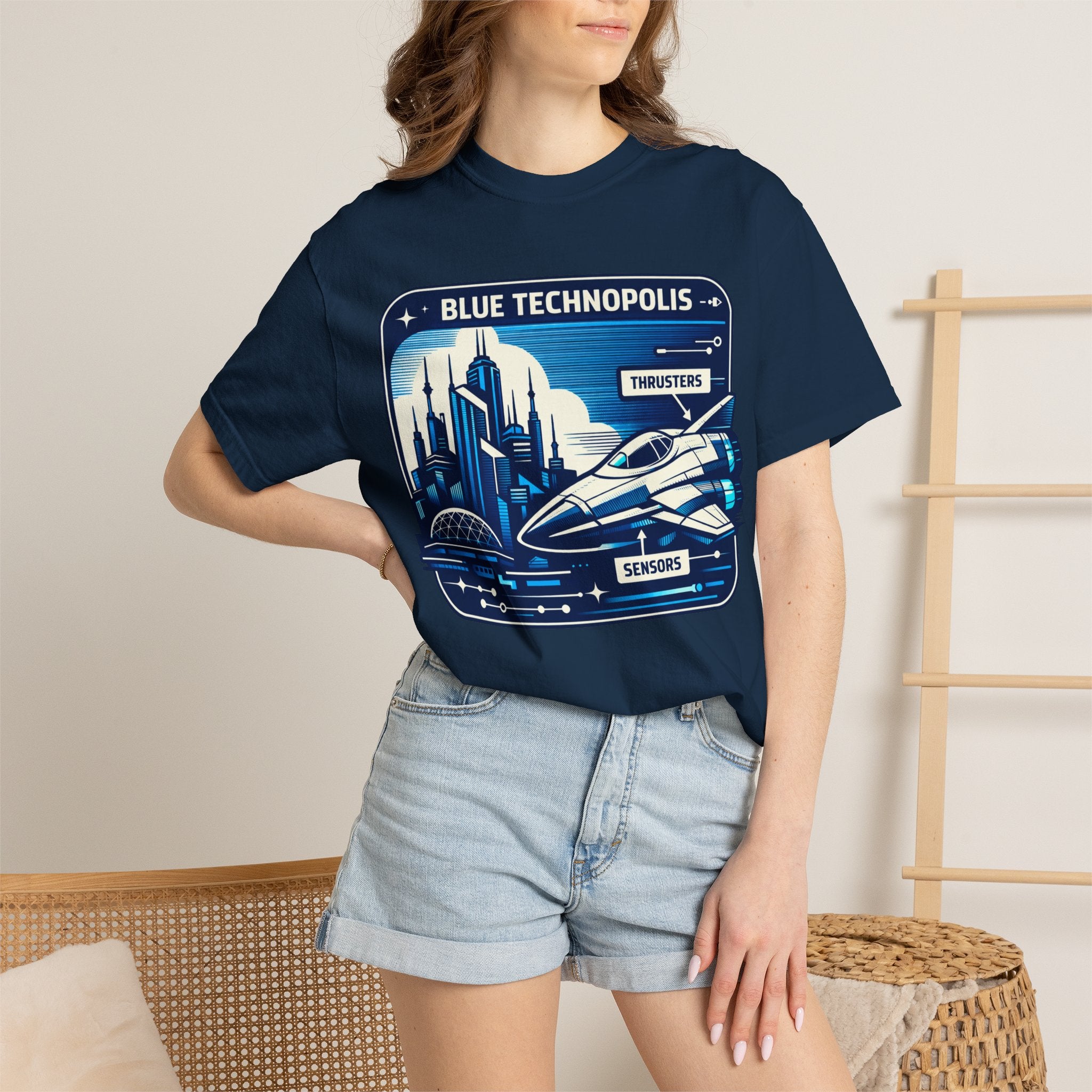 Power Runs Black PRB Technopolis Spacecraft T-Shirt — Blue Technopolis Retro Sci‑Fi Tee by Power Runs Black